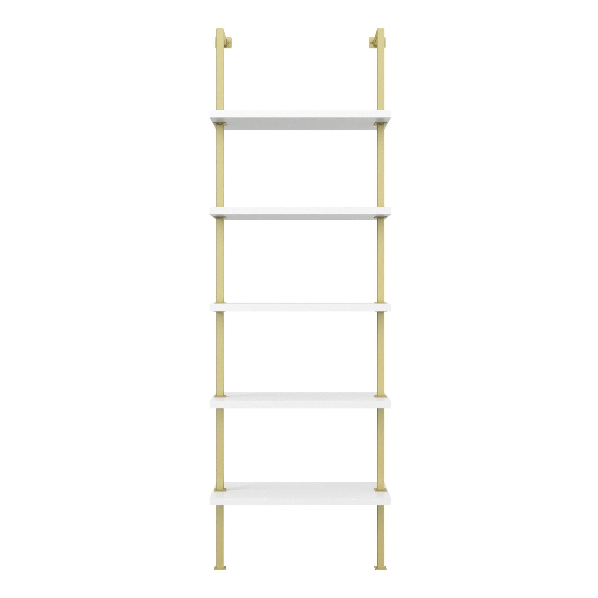 Nathan James Theo 5-Shelf Modern Bookcase - Industrial Metal Frame Open Ladder Bookshelf in White/Gold | Perfect for Living Room, Bedroom & Office Storage