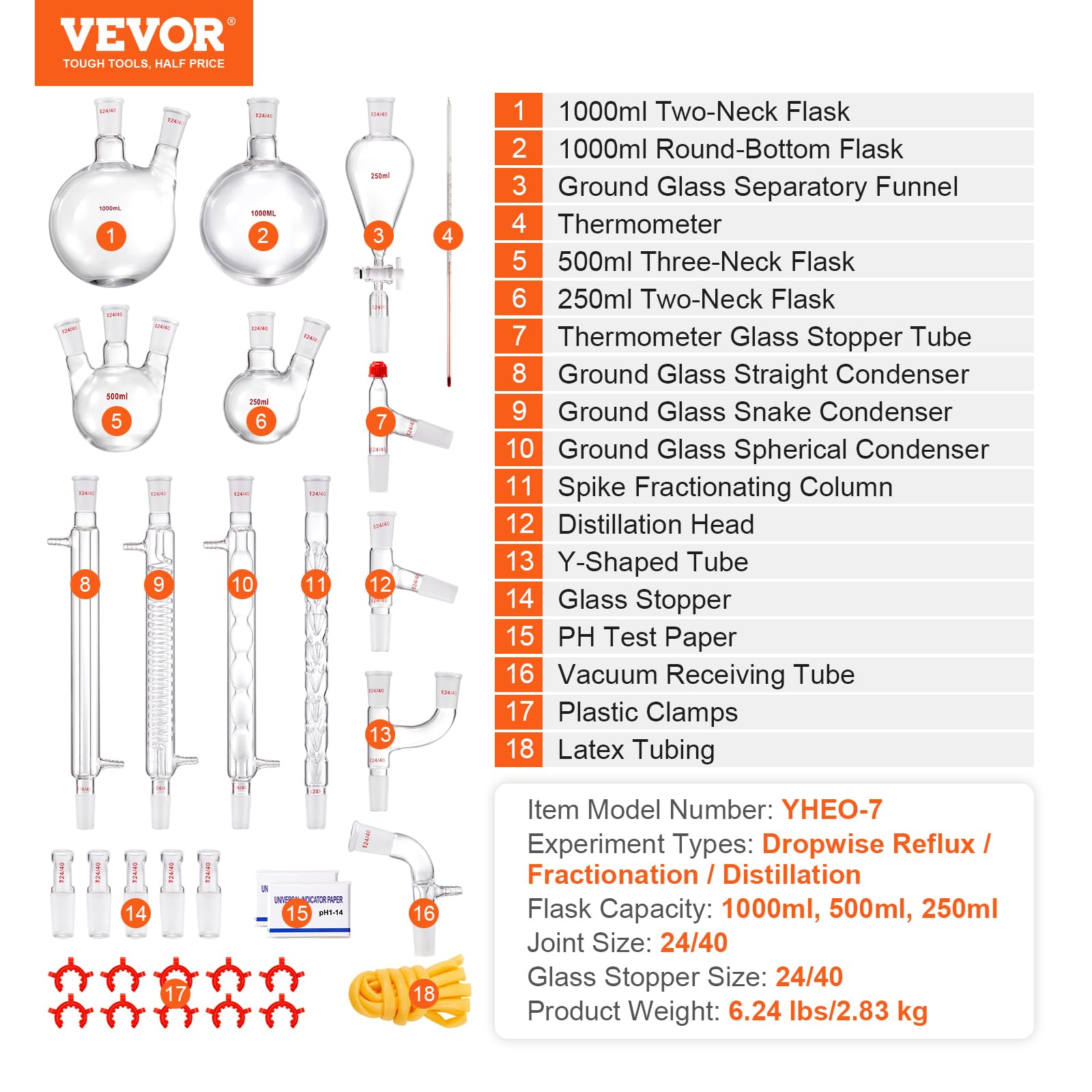 VEVOR 3.3 Boro Lab Glass Distillation Kit - 1000ml Essential Oil Extraction Apparatus with 24/40 Joints, 32-Piece Chemistry Glassware Set for Home DIY, Aromatherapy & Herbal Distillation