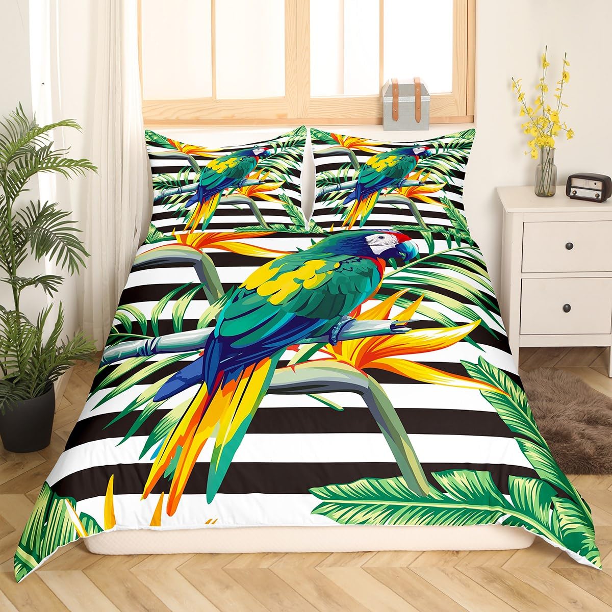 Erosebridal Tropical Tree Duvet Cover Twin - Black & White Stripe Bedding Set with Green Palm Leaves, Parrot & Botanical Yellow Floral Design | Includes 1 Pillow Sham | Perfect for Beach House, Boho Bedroom or Jungle-Themed Decor