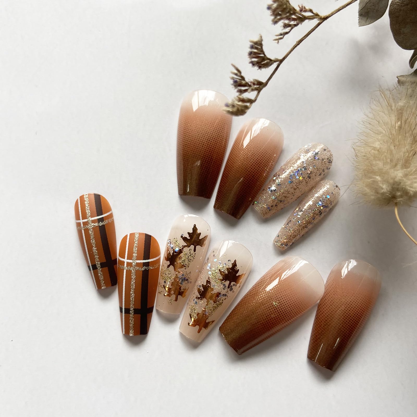 Fall Press On Nails - Medium Length Acrylic Maple Leaf Design with Brown Glitter Gradient for Women | Autumn Nail Art for Parties, Halloween, Thanksgiving & Daily Wear