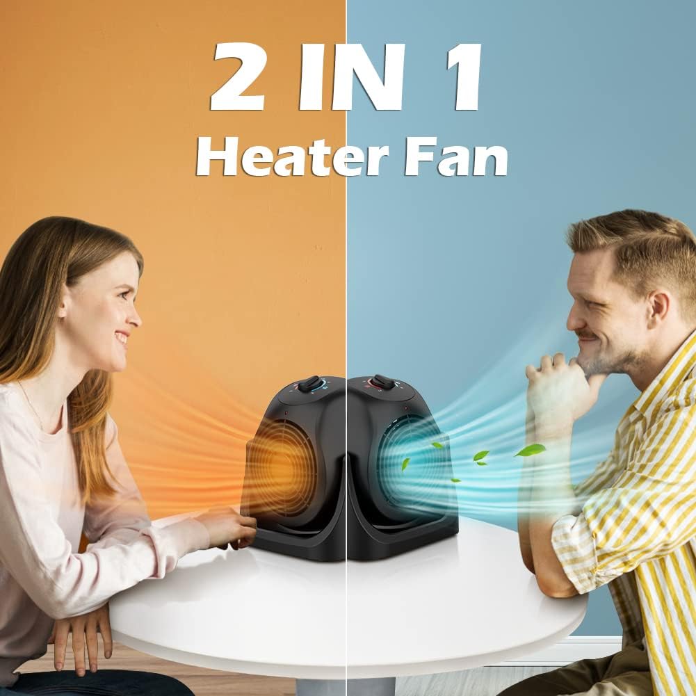 LifePlus 2-in-1 Heater & Fan Combo - Portable Cooling Desk Fan with 45° Tilt, 2 Speed Settings, 1500W Overheat Protection - Personal Space Heater & Air Circulator for Home, Office, Bedroom & Dorm Room (Black)