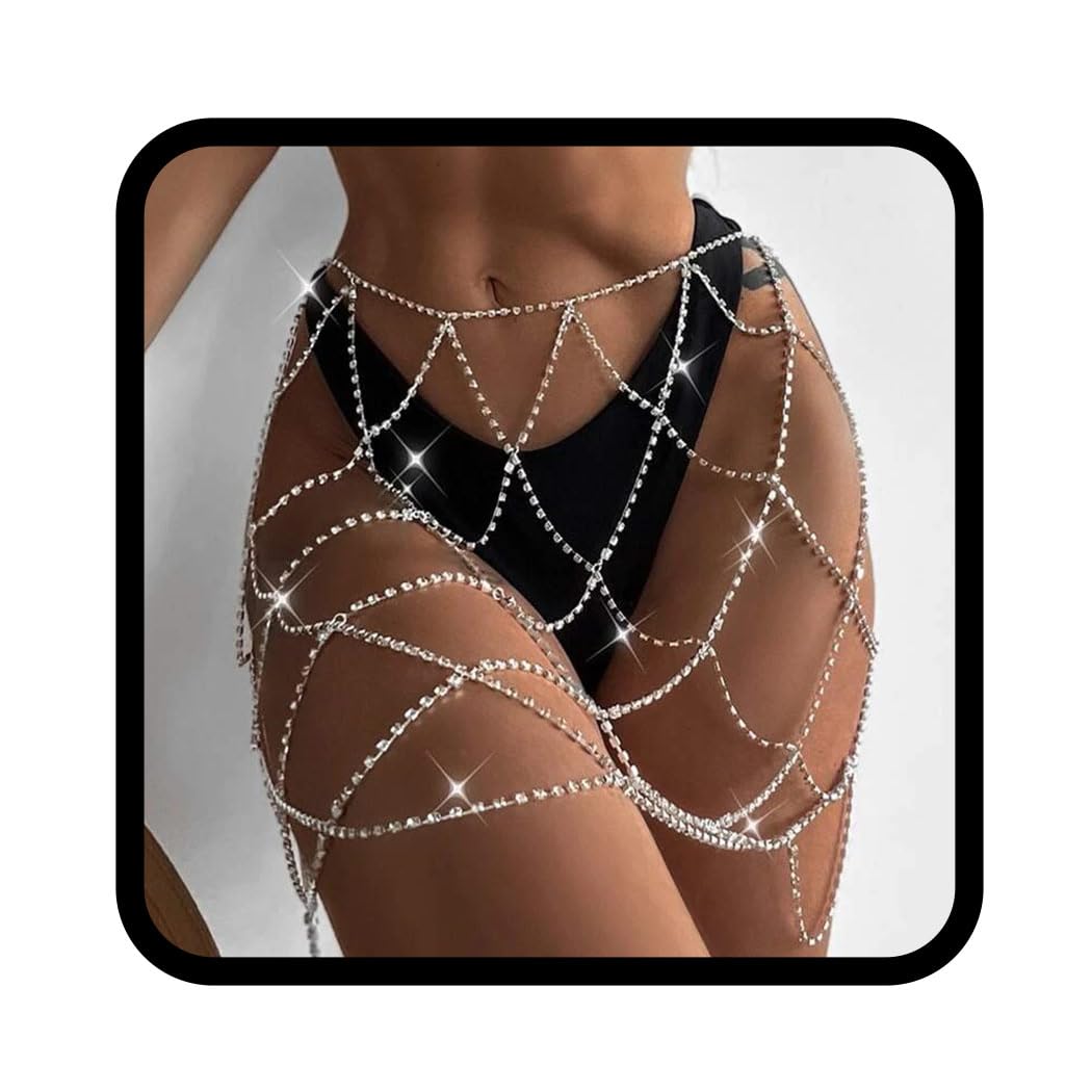 Reetan Boho Crystal Belly Chain Waist Jewelry - Silver Body Chain for Women & Girls - Sparkling Summer Beach Accessory - Perfect for Music Festivals, Vacations & Boho Fashion Outfits