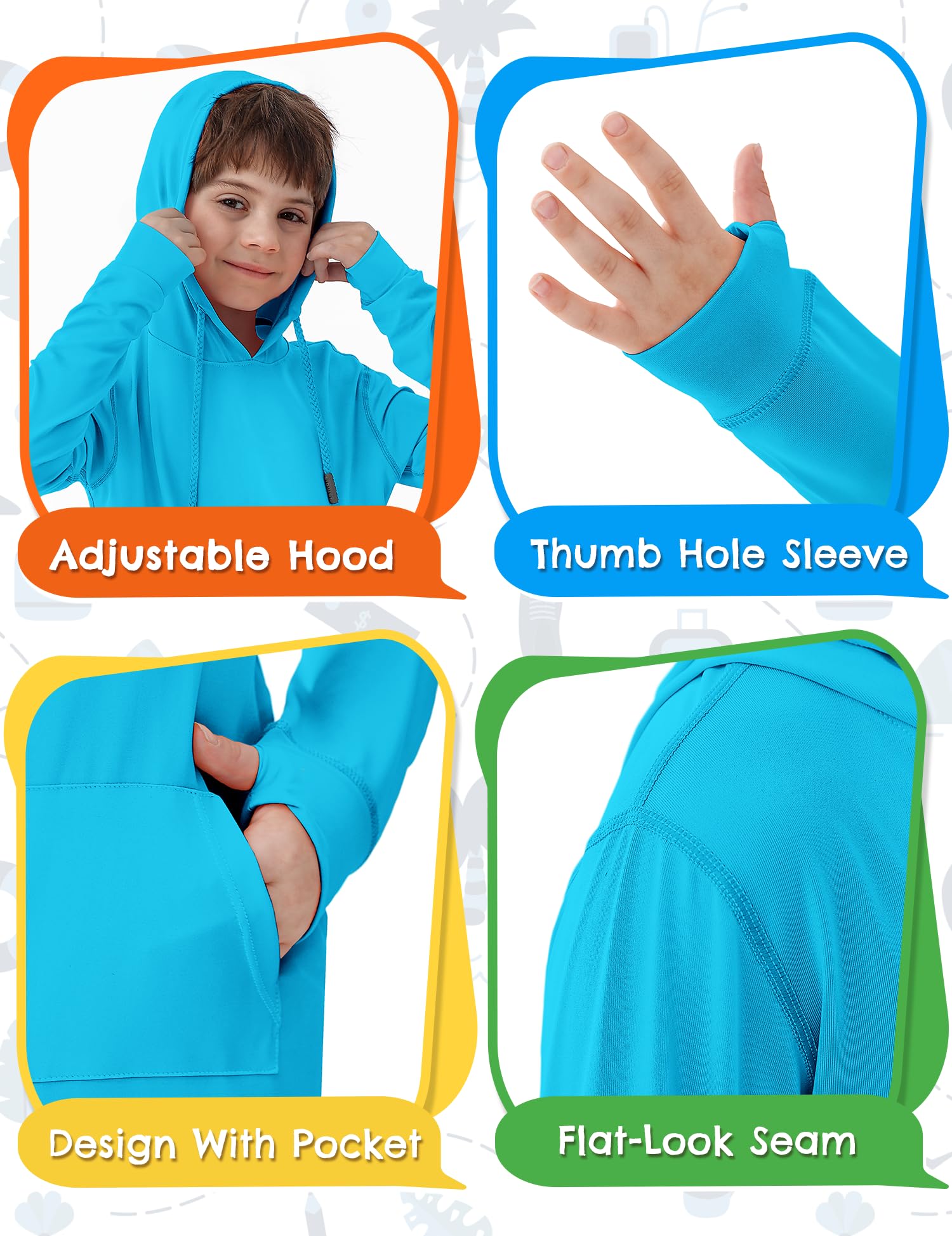 UPF 50+ Boys Rash Guard Swim Shirt - Long Sleeve Sun Protection Hoodie for Kids Fishing, Beach & Watersports with Pocket - Ideal for Swimming, Surfing and Outdoor Summer Activities