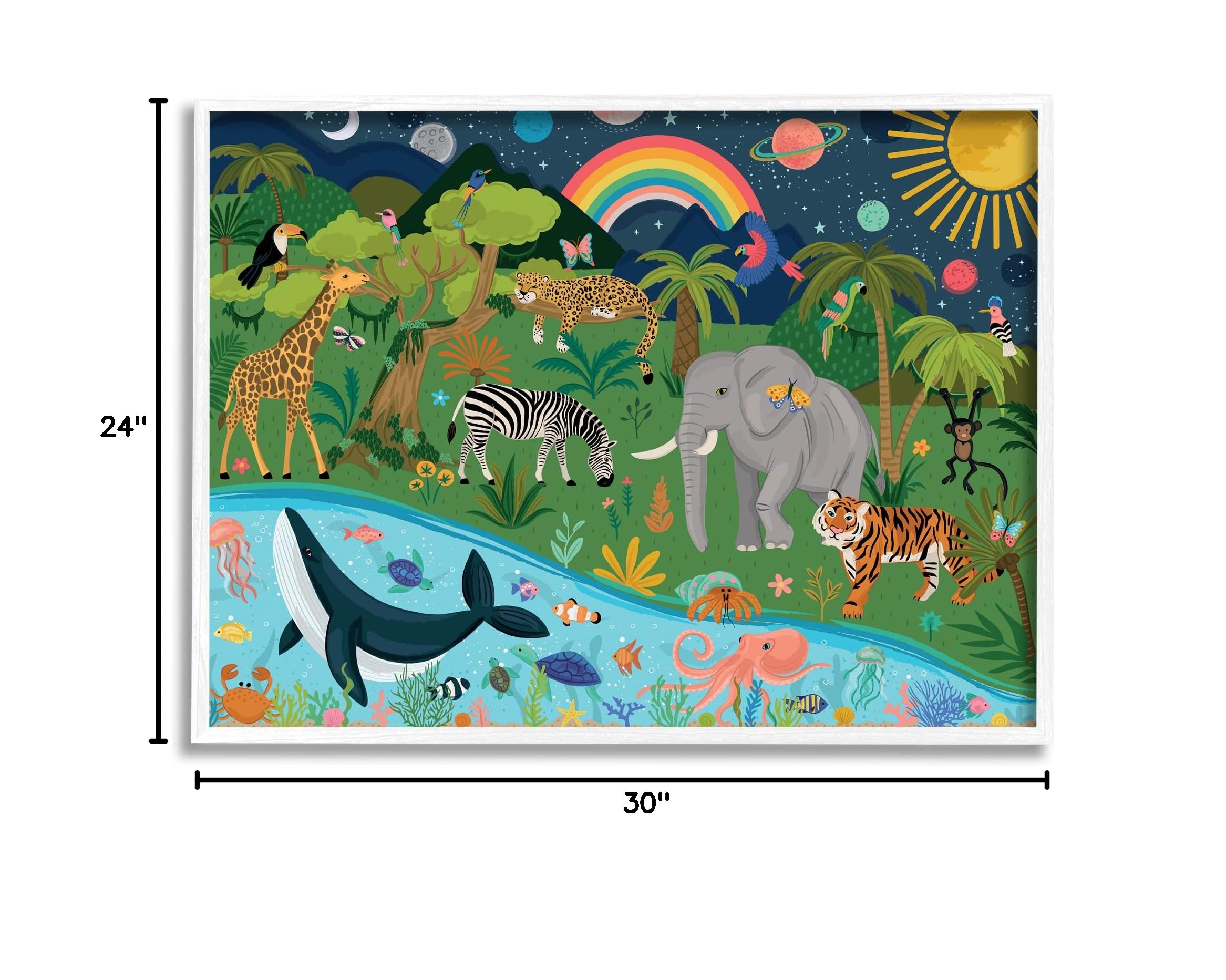 Stupell Industries Jungle Animals & Sea Creatures Wall Art Under Night Sky with Planets - Designed by Lisa Perry White - Perfect for Nursery, Kids Room & Playroom Decor