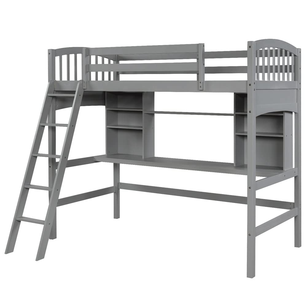 Twin Size Loft Bed with Storage Shelves, Study Desk & Ladder - Space-Saving Kids Bedroom Furniture for Small Rooms, Dorms & Apartments