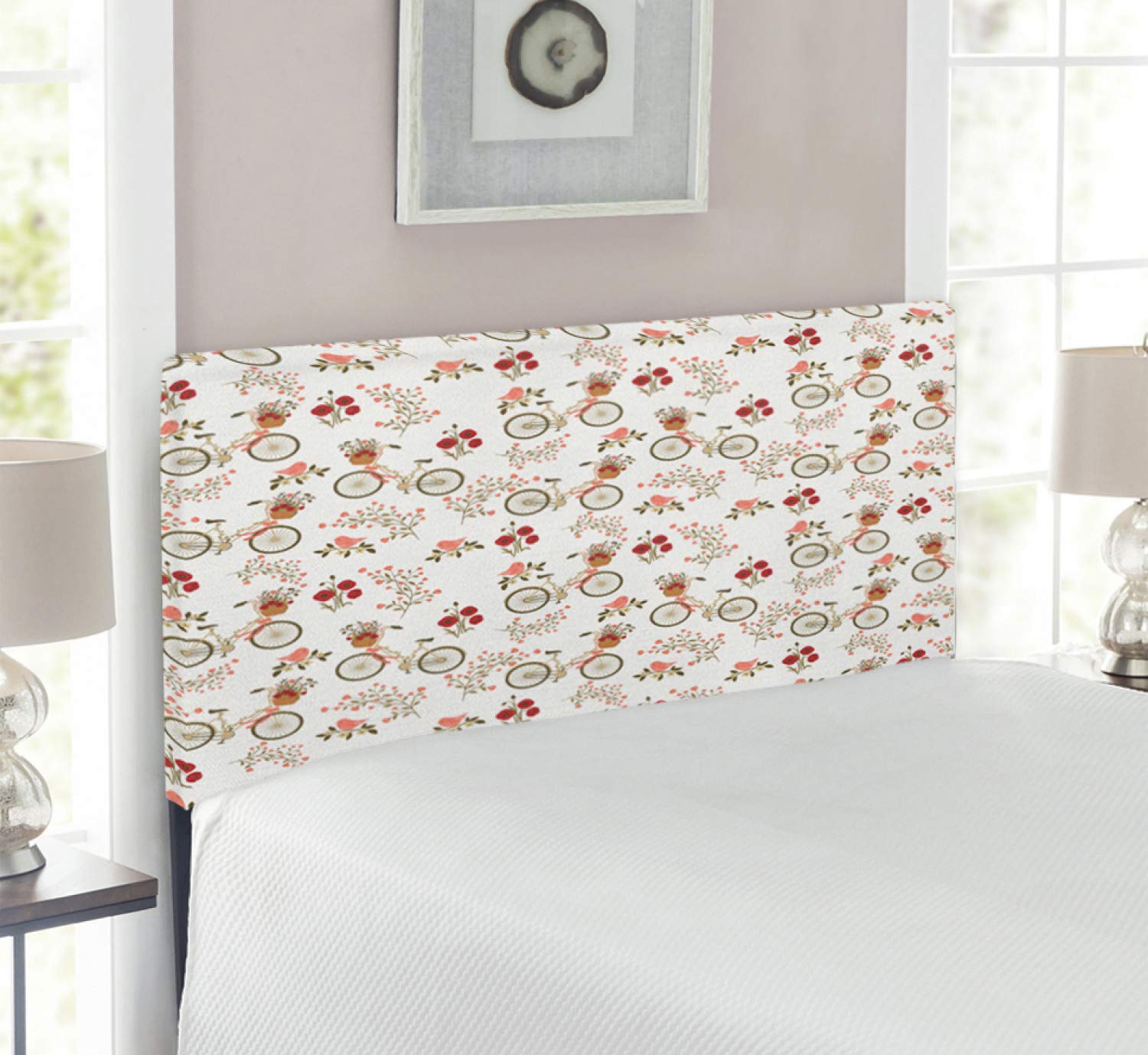 Ambesonne Floral Upholstered Headboard - Vintage Romance Bikes & Flower Baskets Design with Love Birds, Memory Foam Padding, Twin Size Bed Frame, Multicolor - Perfect for Spring Bedroom Decor & Cozy Home Styling