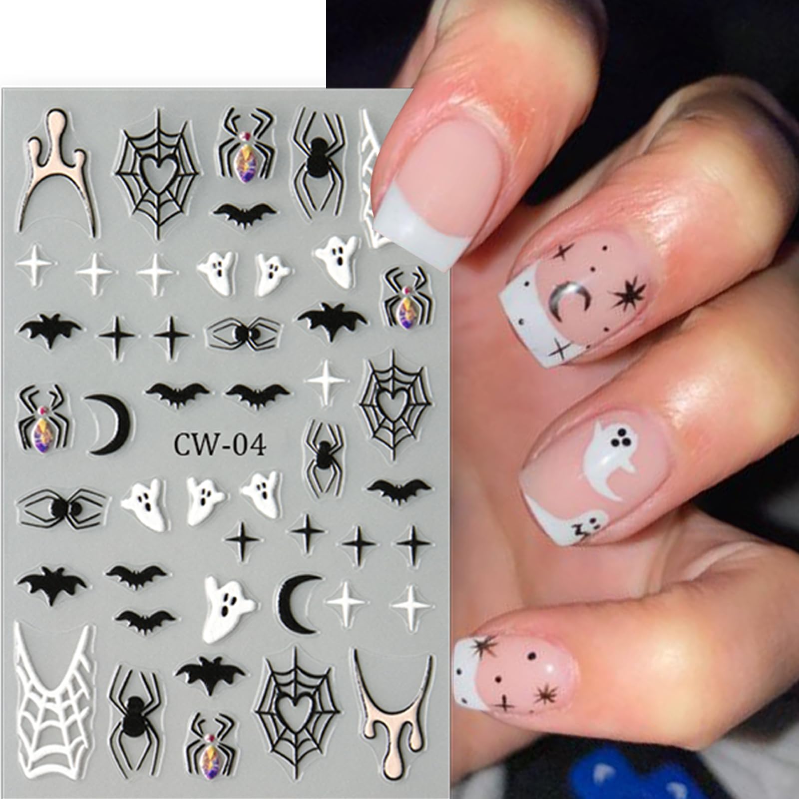 8 Sheets Halloween Nail Art Stickers - Self-Adhesive Gothic Nail Decals with Cute Ghost, Heart & Spider Web Designs - Nail Supplies for Women & Girls - Perfect for Manicure, Acrylic Nails & Halloween Party Nail Decorations