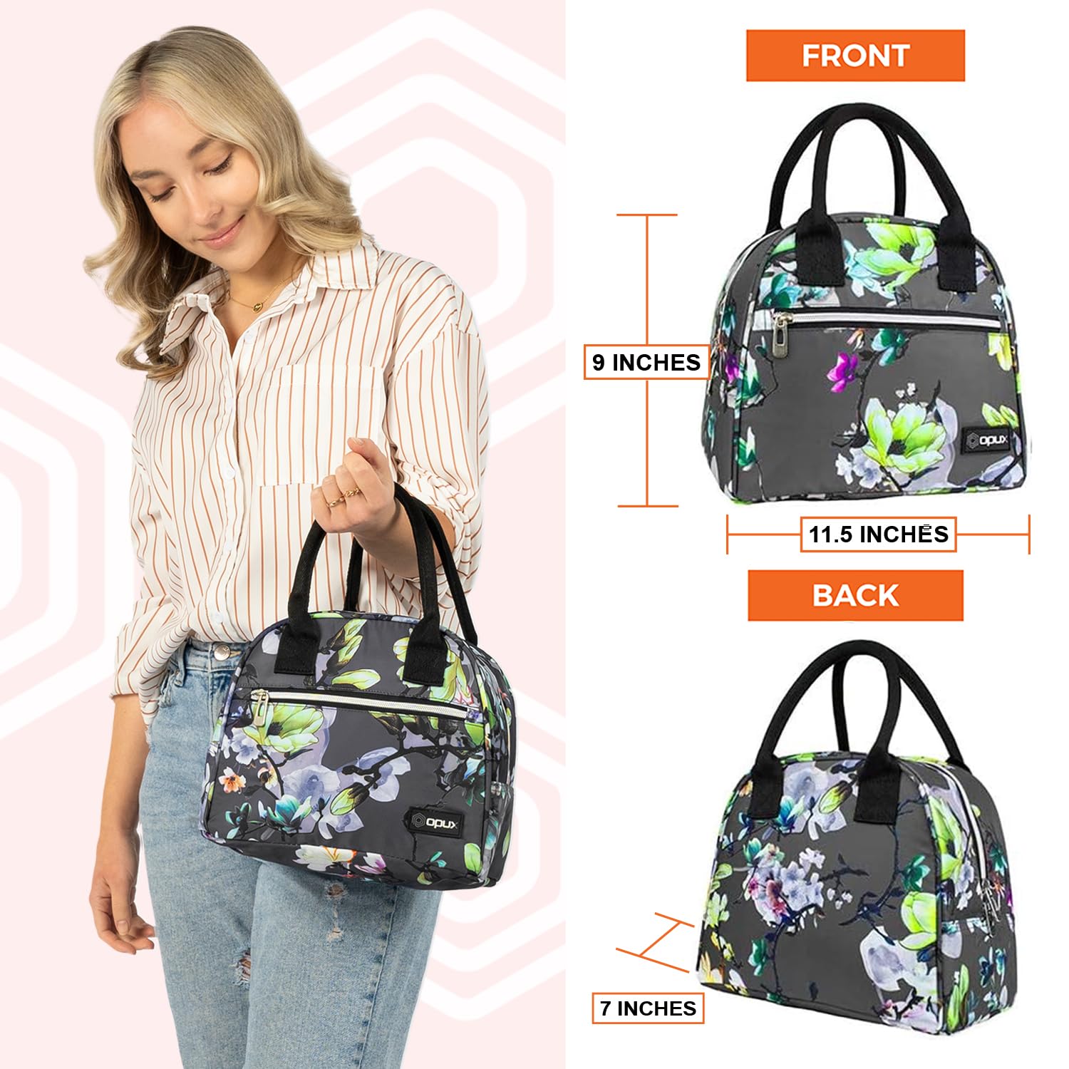 Opux Insulated Lunch Box for Women & Girls - Cute Soft Thermal Lunch Bag for Kids, Teens & Adults - Reusable Food Cooler Container for Work, School, Meal Prep - Travel & Beach Lunch Pail Organizer in Floral Gray