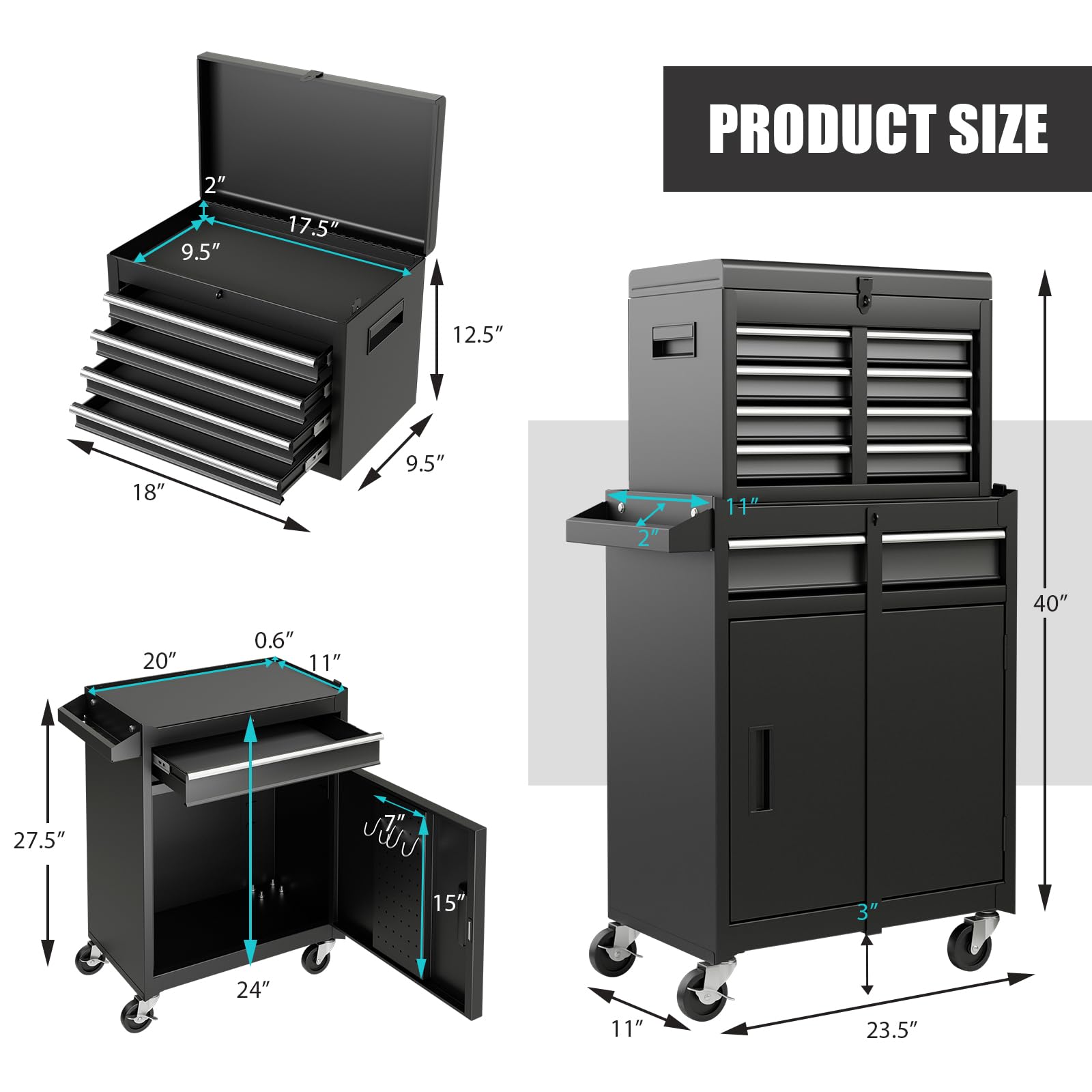 5-Drawer Rolling Tool Chest with Wheels & Adjustable Shelf - Heavy Duty Tool Storage Cabinet with Anti-Slip Liner - Garage, Workshop & Warehouse Tool Box Organizer - Perfect for DIY Projects, Auto Repair & Home Organization (Black)