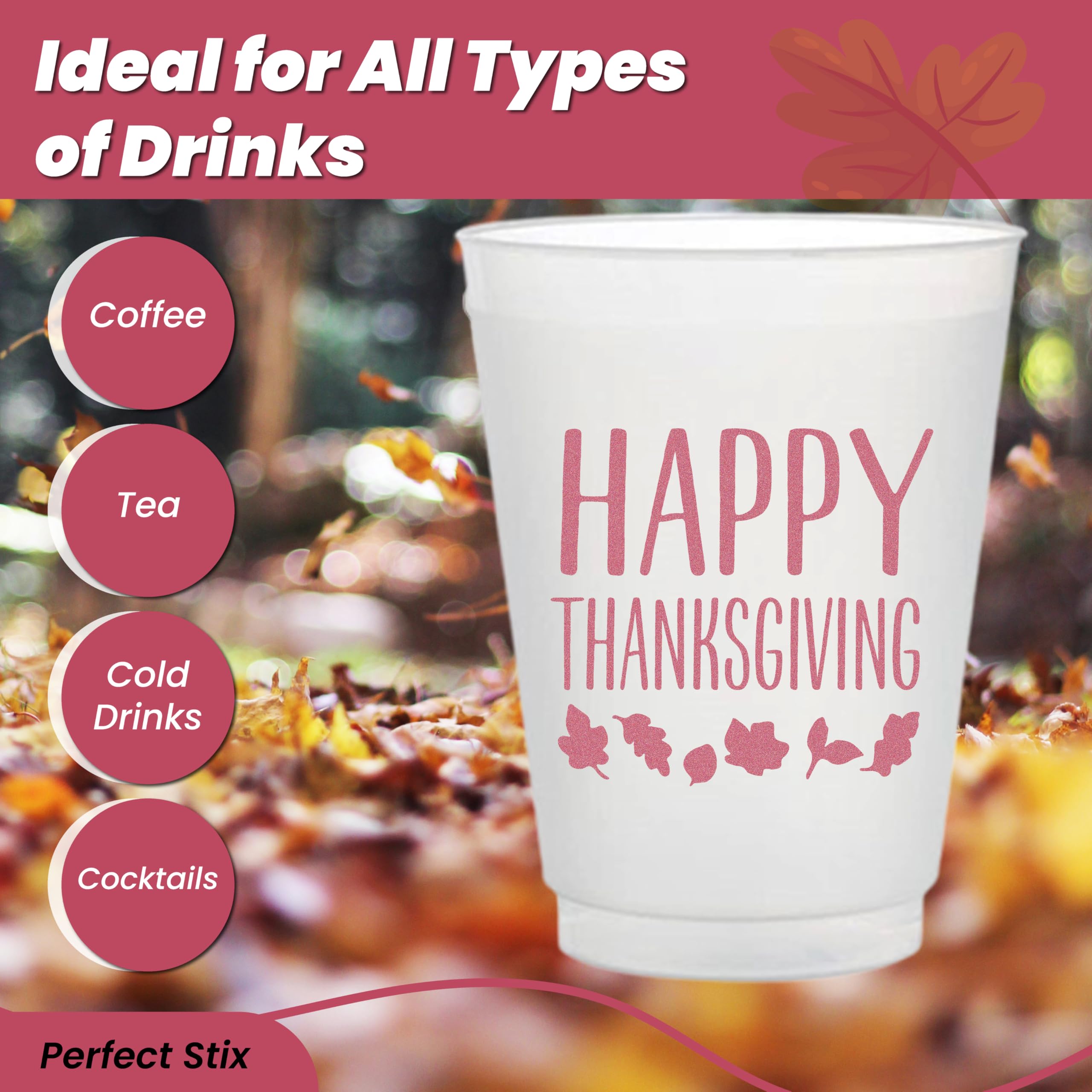 16oz Plastic Frost Flex Cups with Happy Thanksgiving Print - Pack of 12, Reusable Party Cups for Thanksgiving, Christmas, and Holiday Celebrations - Perfect for Family Gatherings, Dinner Parties, and Festive Events