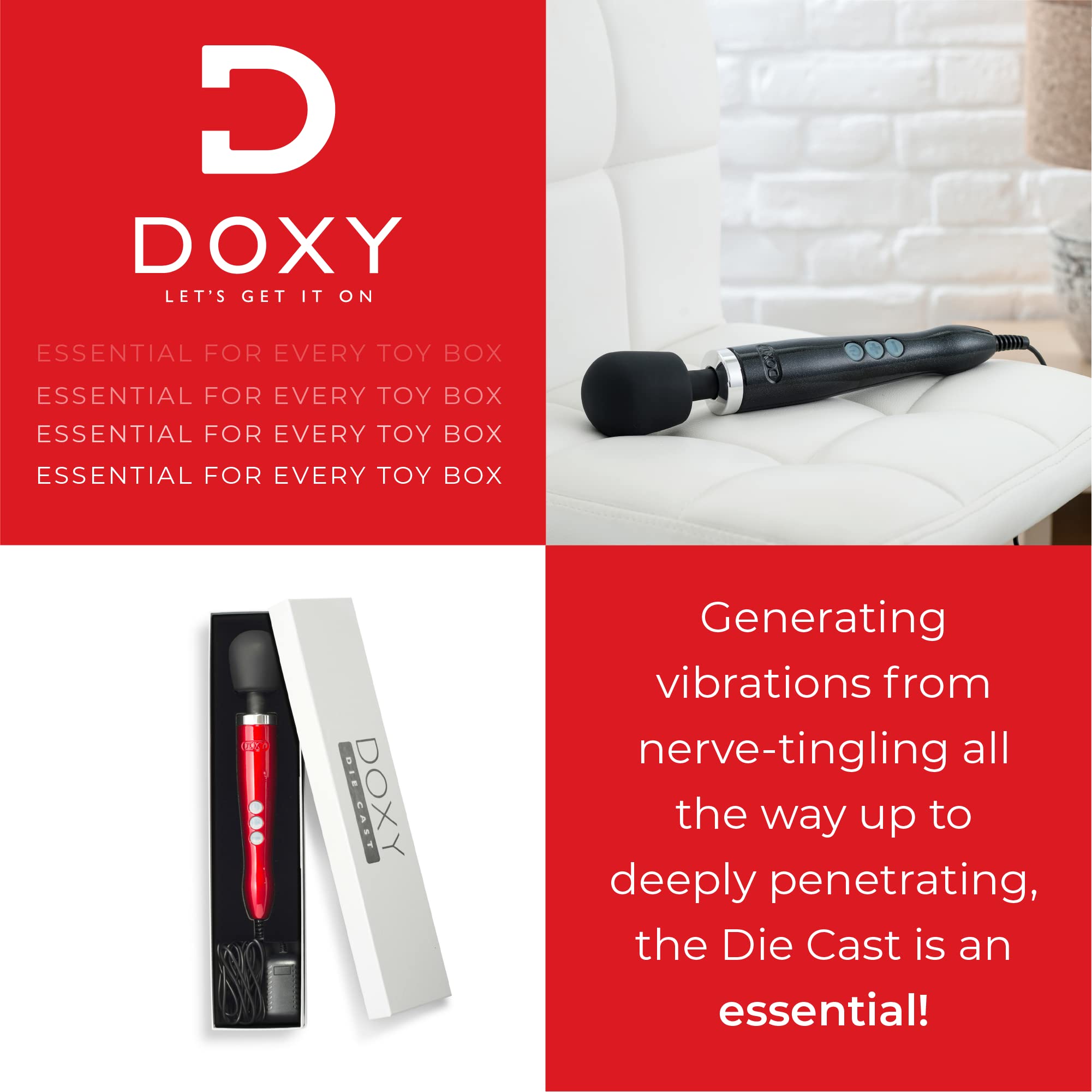DOXY Die Cast Plug-in Personal Wand Massager - Powerful Deep Tissue Vibrator for Women & Couples - Body-Safe Adult Toy with Red Luxurious Design - Perfect for Relaxation, Intimate Moments & Muscle Relief