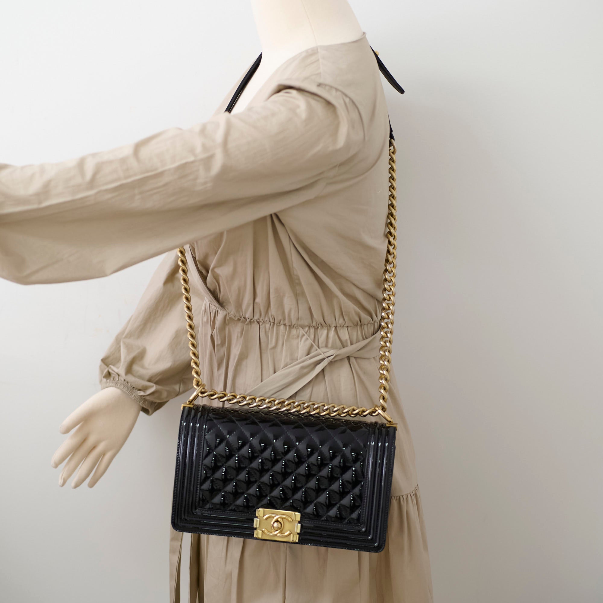 Chanel Old Medium Boy Bag Black Patent Leather Crossbody Bag - Luxury Designer Handbag for Women, Perfect for Parties, Dates & Evening Events
