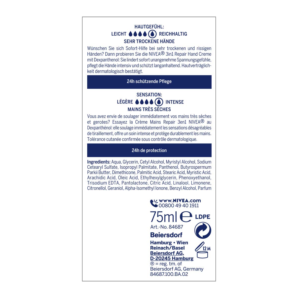 NIVEA 3-in-1 Hand Cream (75ml) for Dry Cracked Hands - Intensive Care with Dexpanthenol - Perfect for Winter & Daily Use