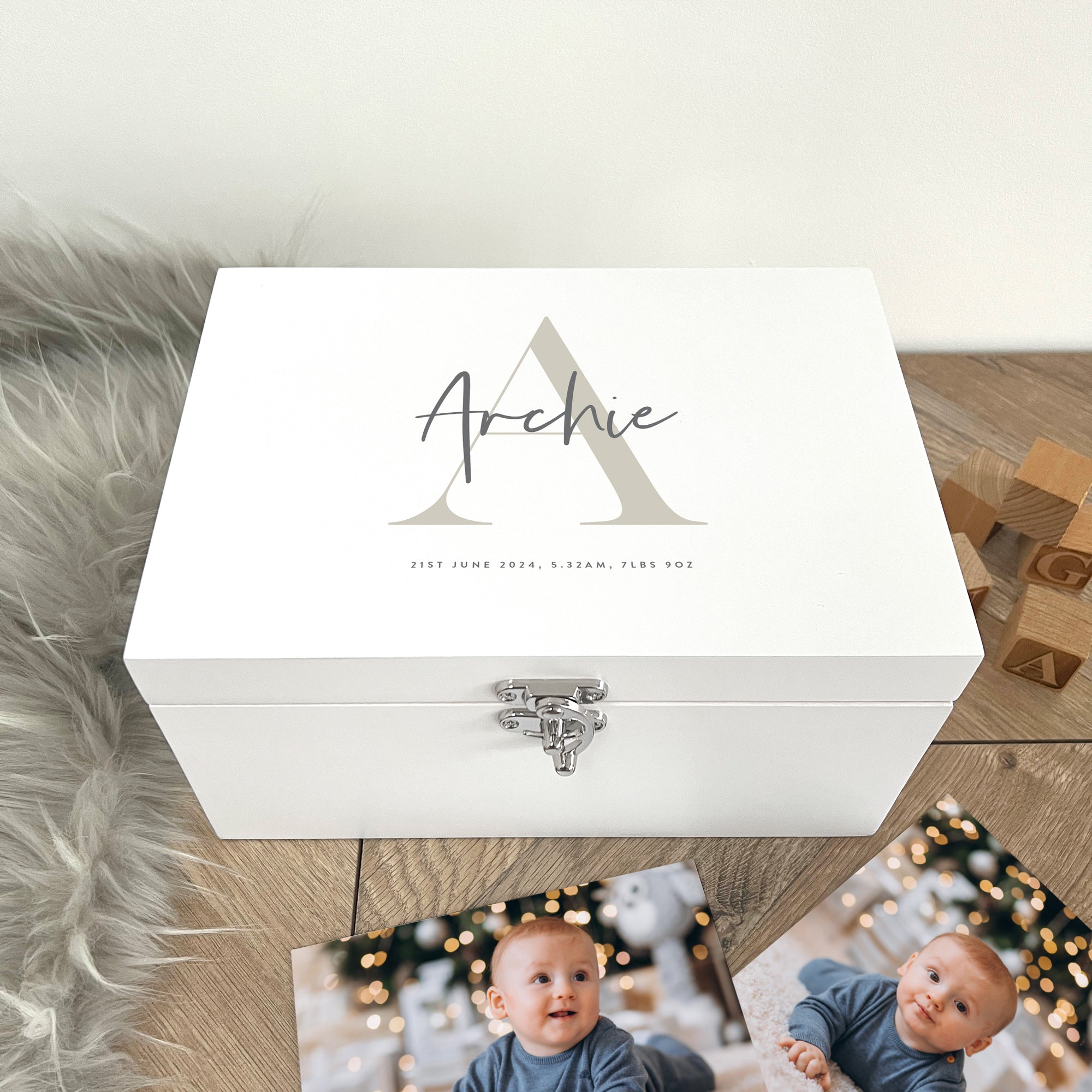 Personalized Baby Keepsake Memory Box - Custom Name & Initial Engraved White Wooden Gift Box for Newborns, 3 Sizes (22cm, 27cm, 30cm) - Perfect for Christening Gifts, Baby Showers & First Birthday Presents