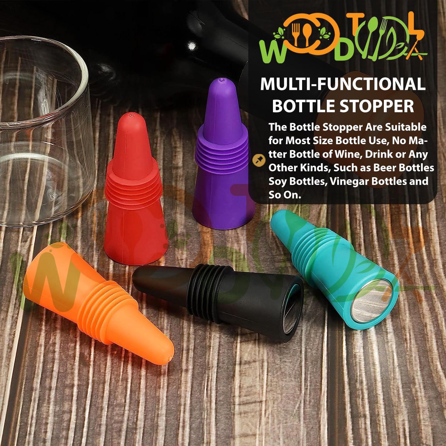 WOODTULA 4-Pack Silicone Wine Stoppers - Reusable Bottle Sealer for Wine, Beer & Beverage Glass Bottles - Airtight Drink Cover for Parties, Picnics & Home Use