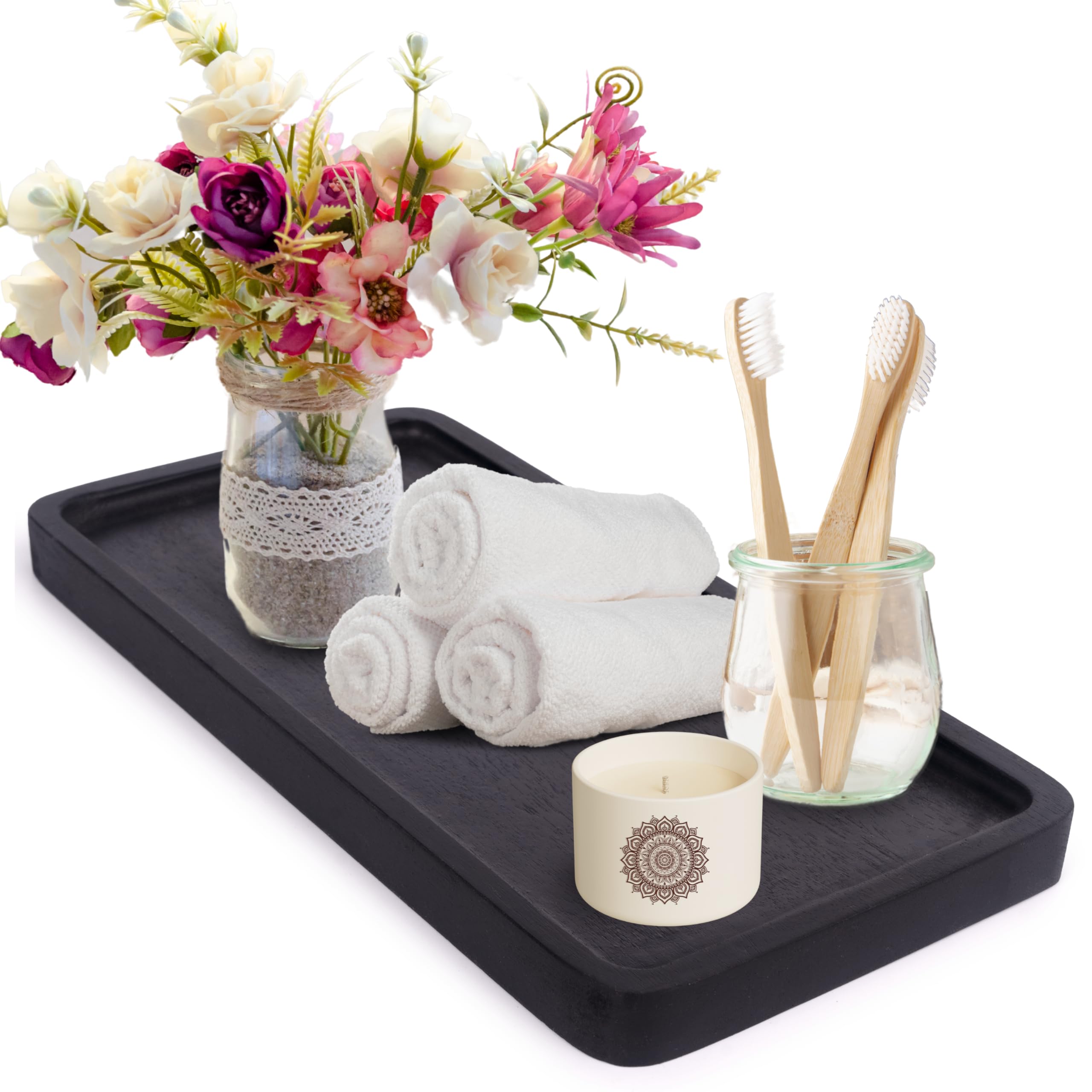 KOLWOVEN Acacia Wood Vanity Tray - 11.8 x 5.9 Inches Bathroom Organizer for Cosmetics, Jewelry, Perfume, Candles & Keys - Elegant Black Wooden Tray for Countertop, Toilet Tank, Kitchen & Bedroom Decor - Perfect for Home Organization & Gift Giving