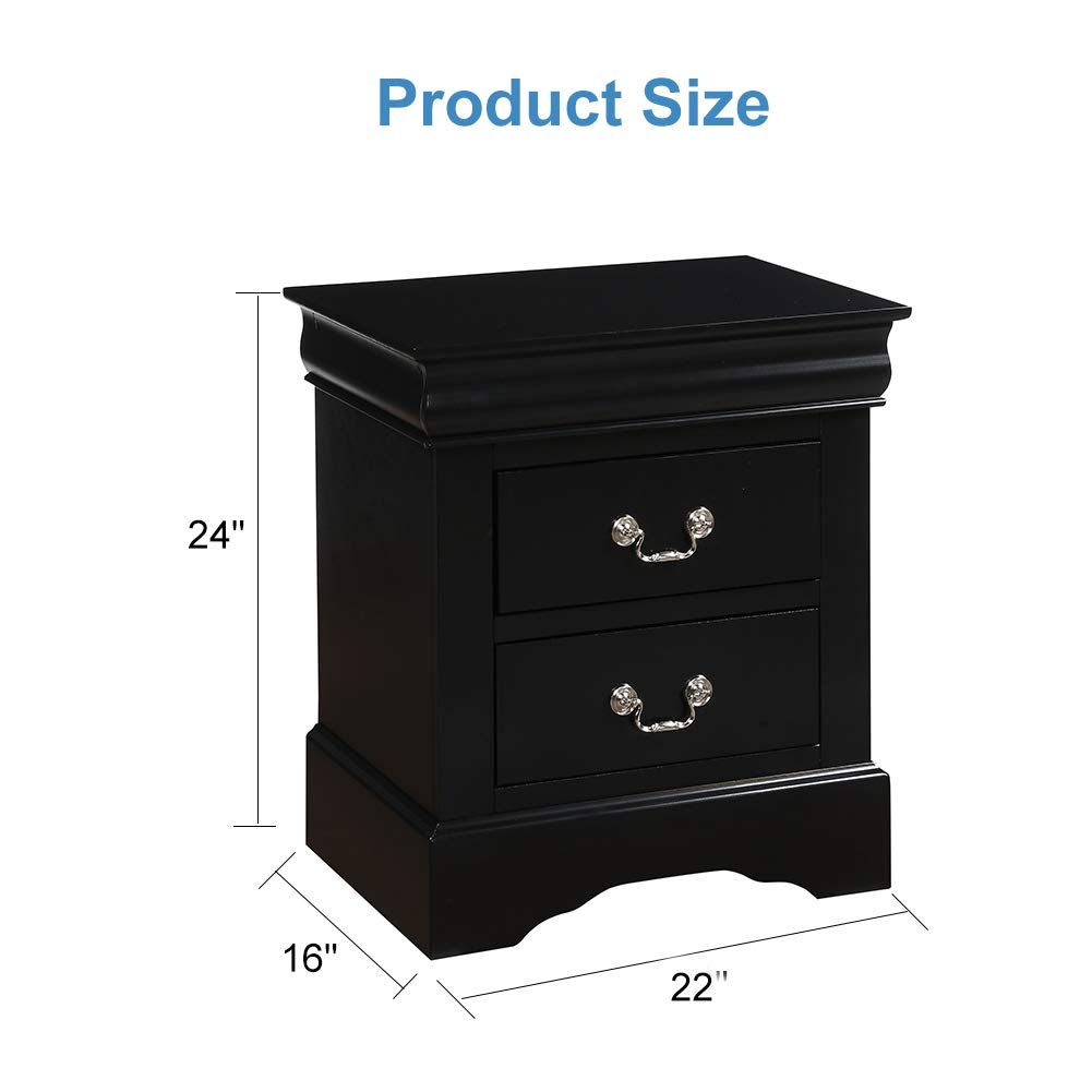Henf 2-Drawer Nightstand - Traditional Rectangular Wooden Bedside Table for Bedroom, Black | Perfect for Small Spaces, Apartment Living & Guest Rooms