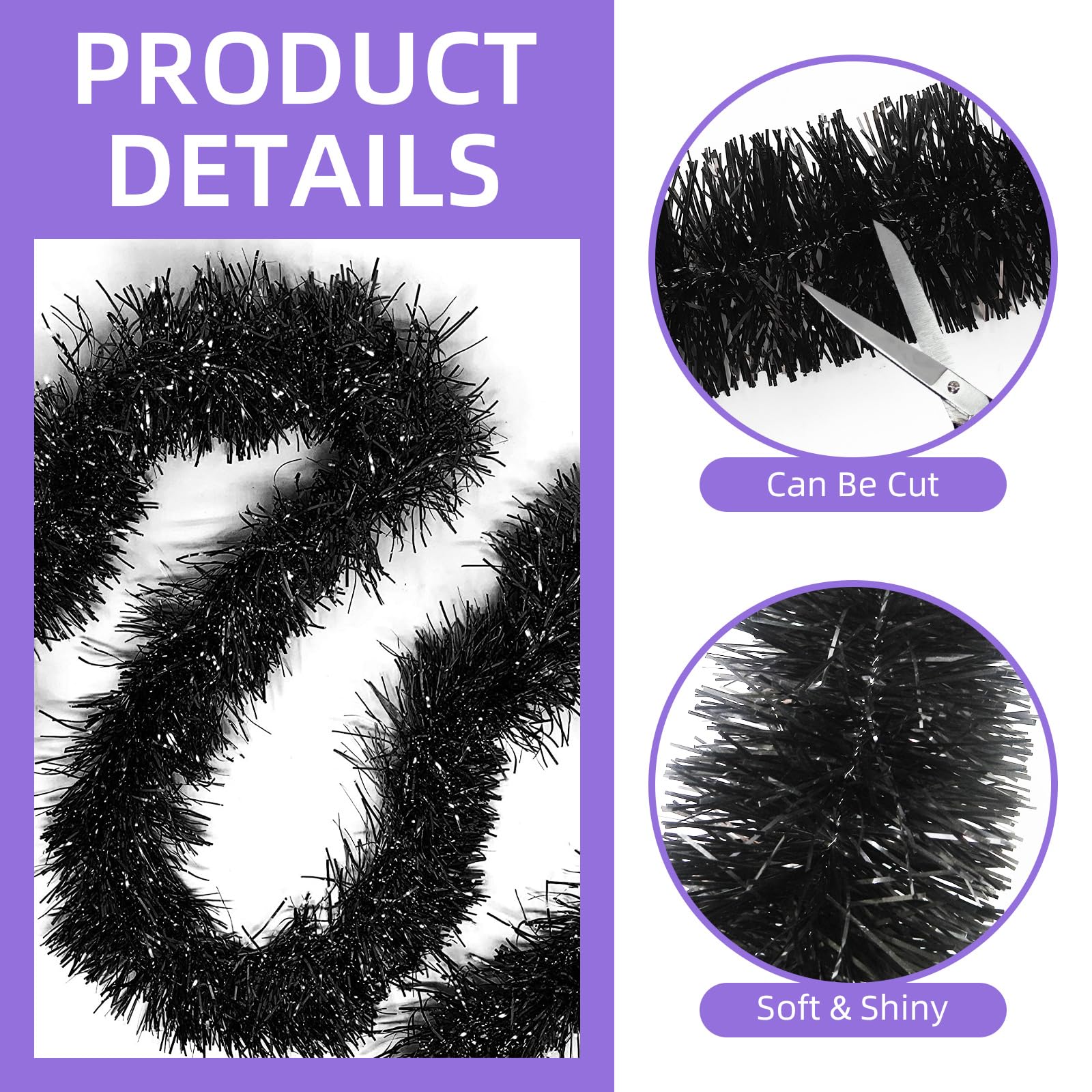 50 Feet Black Tinsel Garland - Metallic Christmas Tree Decorations, Shiny Foil Party Streamers for Holiday Wall Hanging, Birthday Decor, Xmas Home & Office Party Supplies (3.54