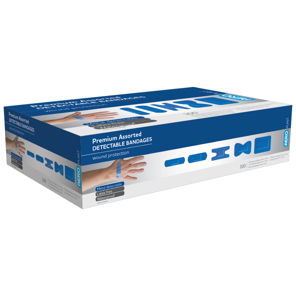 Premium Detectable Bandages (Assorted Sizes & Styles) - Box of 100 - First Aid for Food Service, Healthcare & Industrial Safety