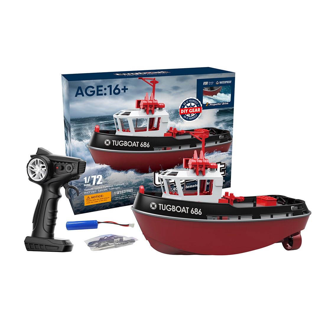 DECI 1:72 Scale 2.4Ghz Remote Control Tugboat - Waterproof RC Electric Boat with Auto Flip Recovery, Ready-to-Run RTR Model for Adults & Kids - Perfect for Pool, Lake or Bathtub Play