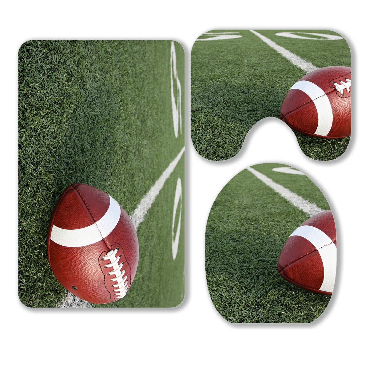ECZJNT American Football Themed 3-Piece Bathroom Rug Set - Non-Slip Bath Mat, Contour Rug & Toilet Lid Cover for Sports Fans | Perfect for Game Day Decor, Man Cave or Kids' Bathroom