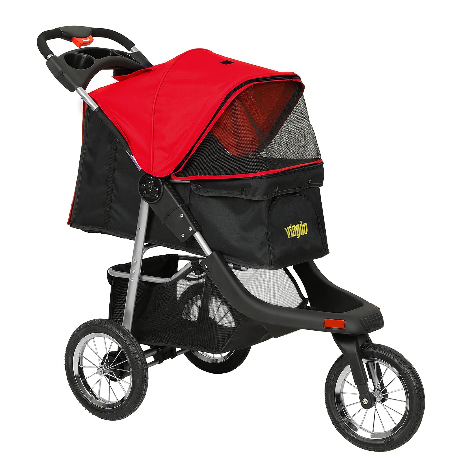 VIAGDO Heavy Duty 3-Wheel Pet Stroller for Small & Medium Dogs & Cats - Foldable Design with Suspension System, Link Brake & One-Hand Fold - Supports Up to 55 lbs (Black/Red) - Perfect for Vet Visits, Shopping & Outdoor Adventures