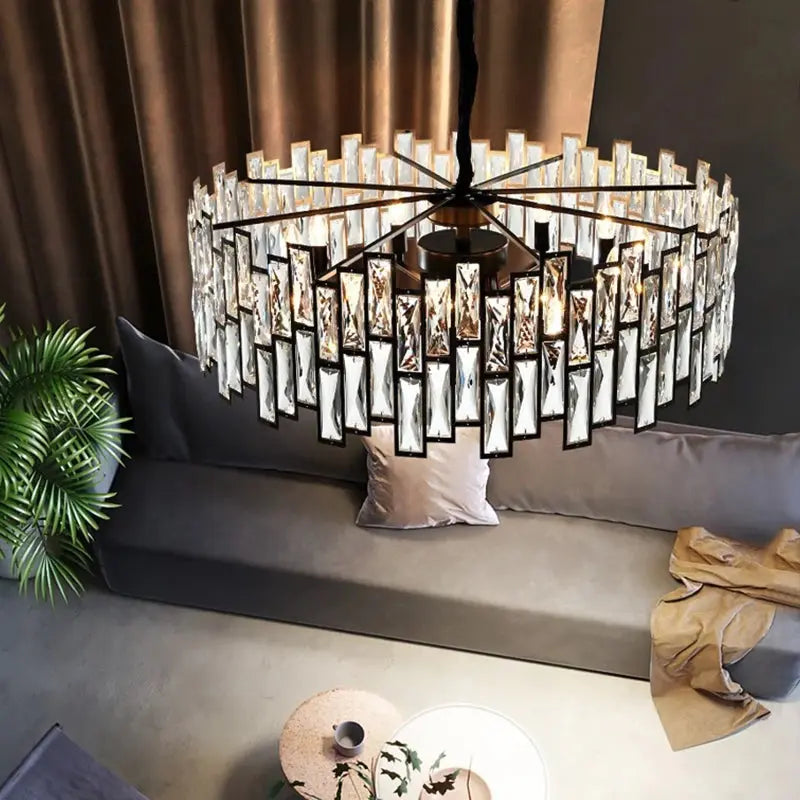 Stylish Round Metal Black Crystal Chandelier - Small/Medium Size for Dining Room, Bedroom & Living Room Lighting Decor