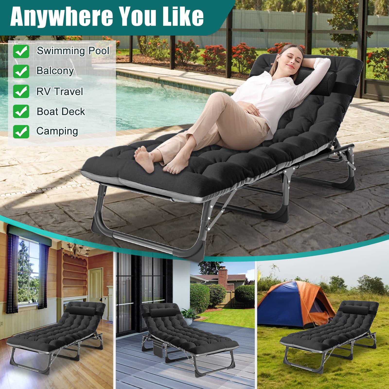 DoCred 5-Position Adjustable Folding Lounge Chair with Mattress - Portable Sleeping Bed Cot for Outdoor Sunbathing, Camping, Beach, Poolside & Patio Relaxation - Perfect for Backyard, Travel & Picnic Use