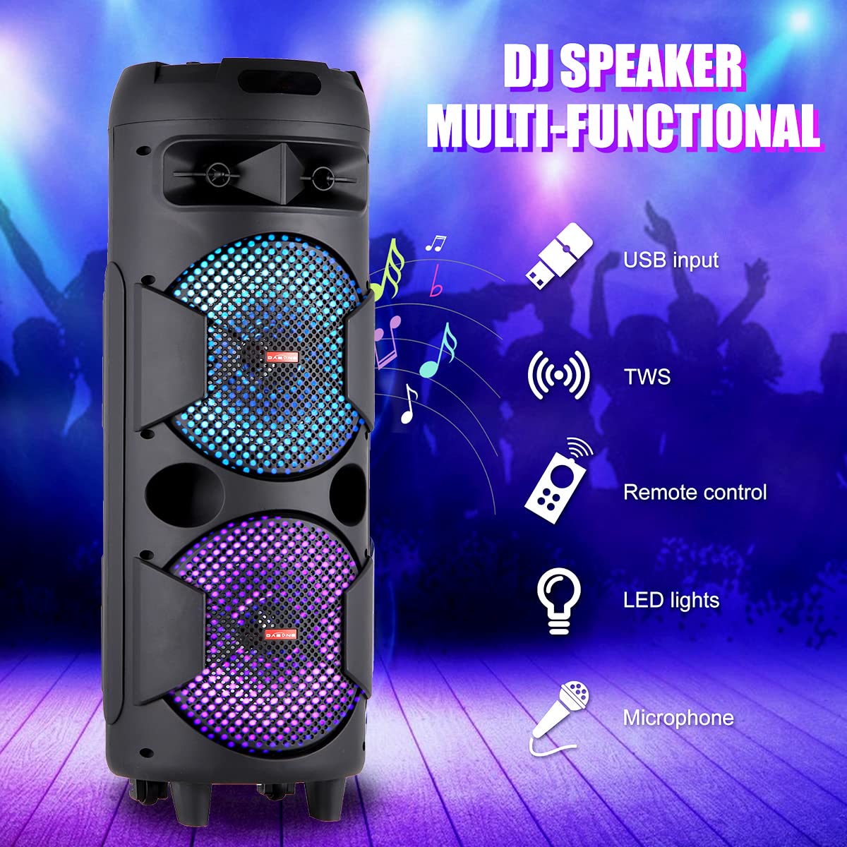 TWS Karaoke PA System with Wired Microphone & Wireless Bluetooth Speaker - Portable Dual 8'' DJ Speaker with Remote, FM Radio & Party Lights for Home Karaoke, Outdoor Events, and Live Performances