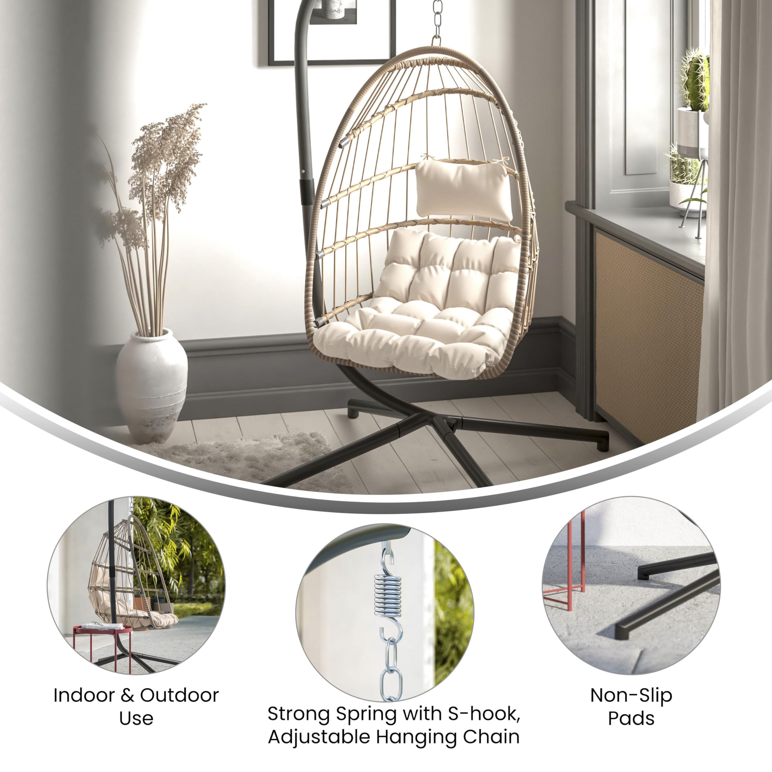 EMMA + OLIVER Awen Hanging Egg Chair with Stand - Natural Woven Polyethylene Rattan, Black Steel Frame & Removable Cream Cushions - Foldable Outdoor Swing Chair for Patio, Garden, Backyard Relaxation