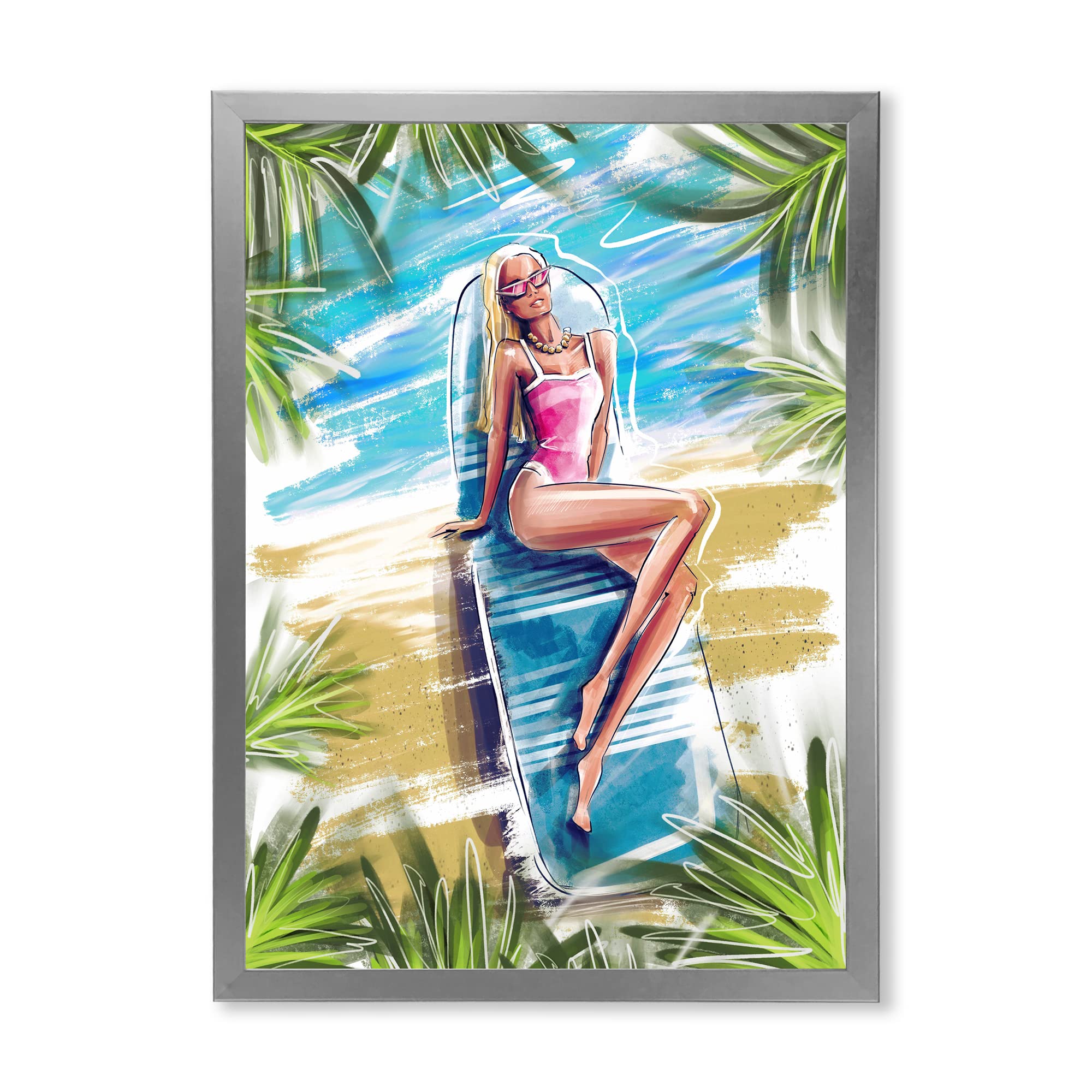 DesignQ Beautiful Blonde Model Beach Sunbathing Nautical Coastal Framed Wall Art - Perfect for Beach House Decor, Living Room, Bedroom & Coastal Themed Interiors