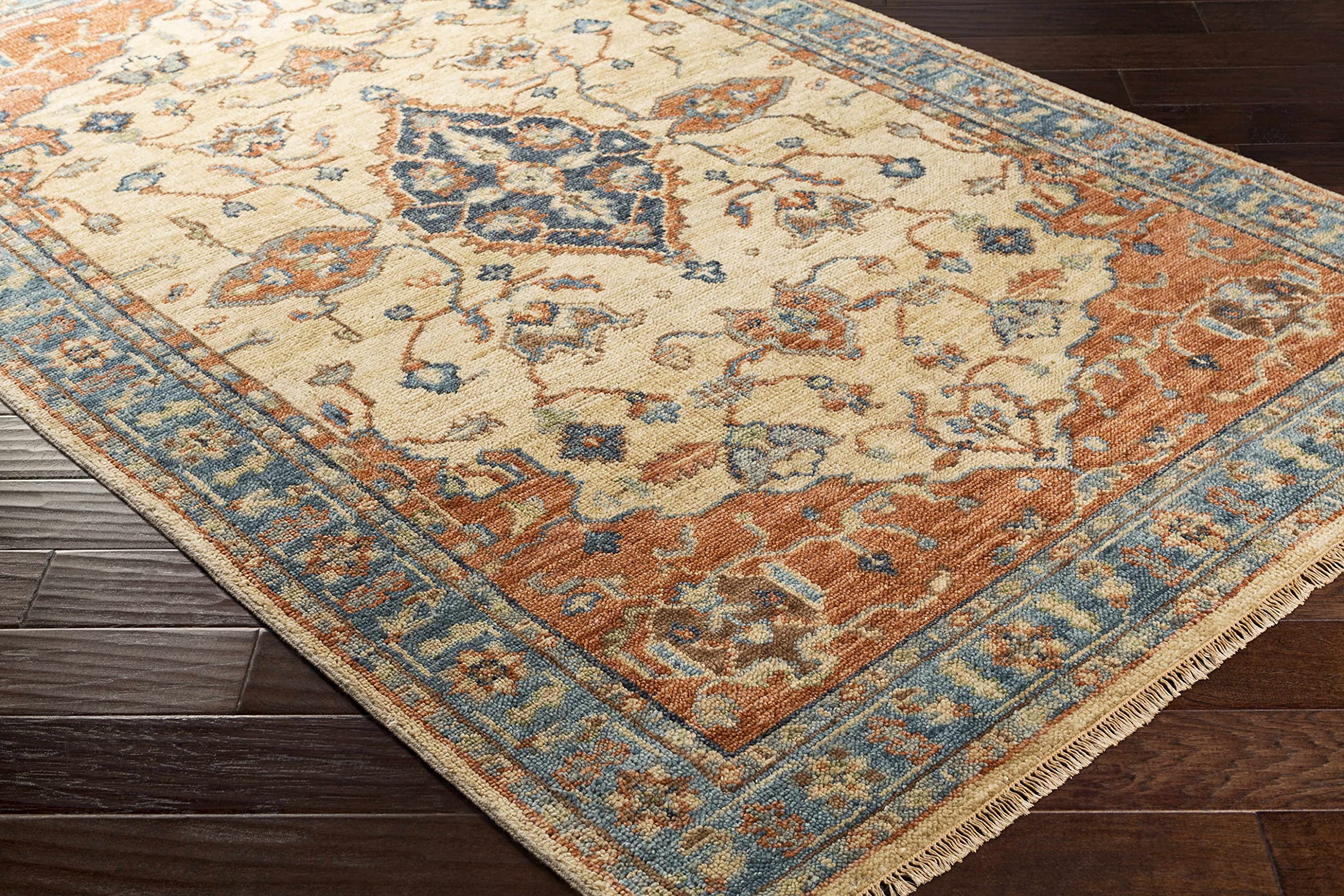 Premium Bowlus Wool Area Rug for Living Room & Bedroom - Traditional Design in Rust, Aqua, Ivory - 6' x 9' Soft & Durable - Perfect for Cozy Home Decor & High Traffic Areas