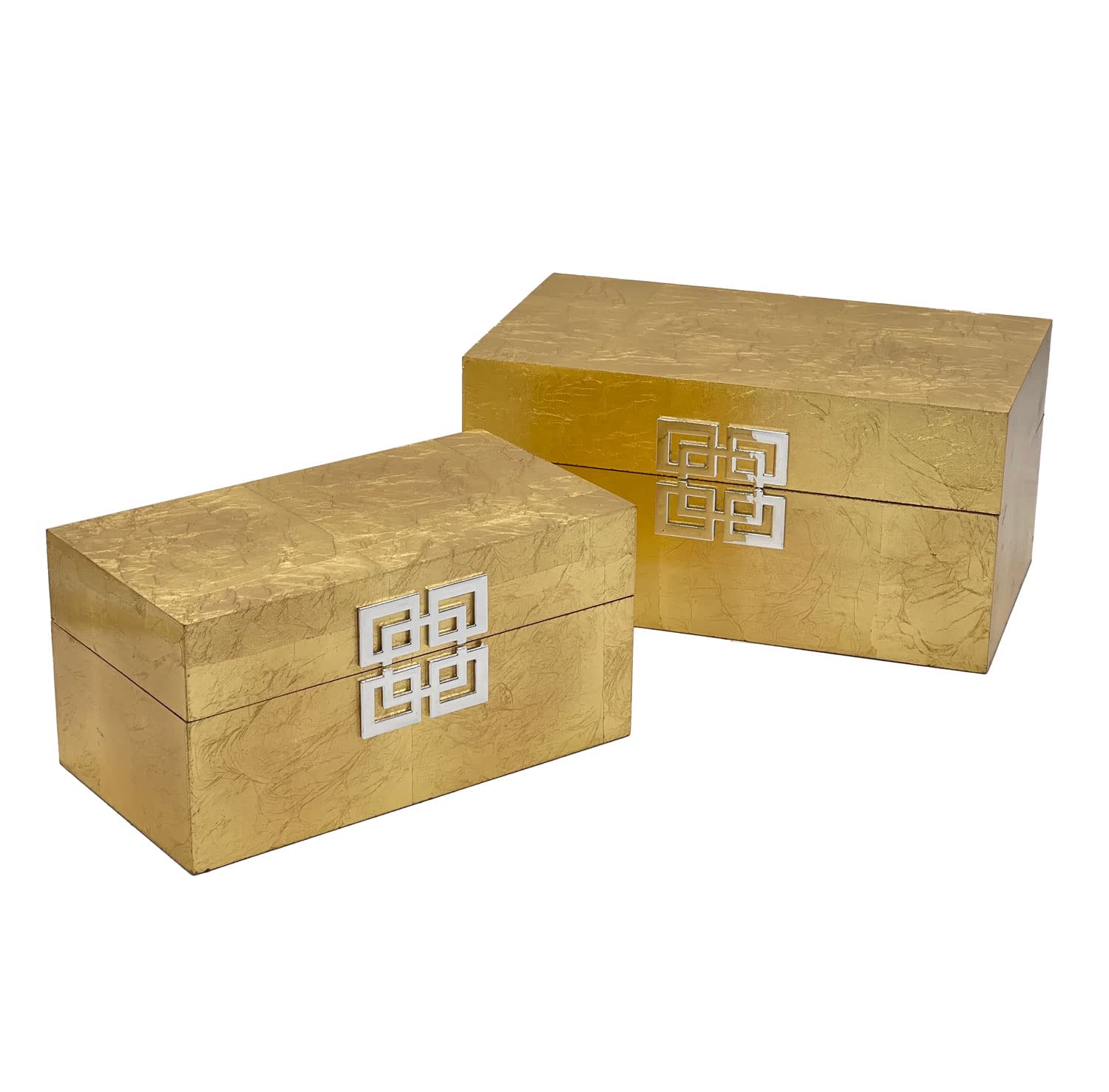 Galt International Wooden Storage Box Set with Hinged Lid - Classic Decorative Storage Box with Geometric Clasp for Bedroom, Living Room & Home Organization - Set of 2 (Gold Leaf) - Perfect for Jewelry, Keepsakes & Home Decor Display