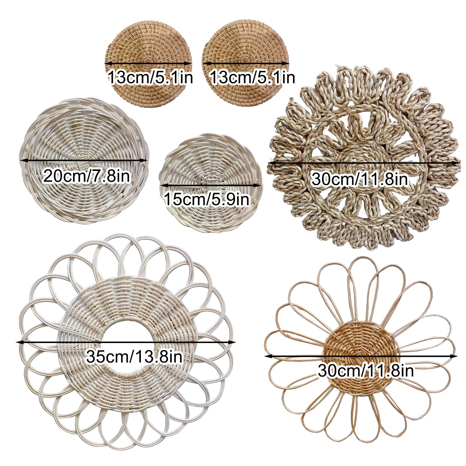 Boho Wall Basket Set of 7 - Natural Seagrass Rattan Wicker Wall Decor for Farmhouse & Boho Style - Handwoven Wall Art for Living Room, Bedroom, Bathroom Decor - Perfect for Home, Office, Wedding & Rustic Decorations