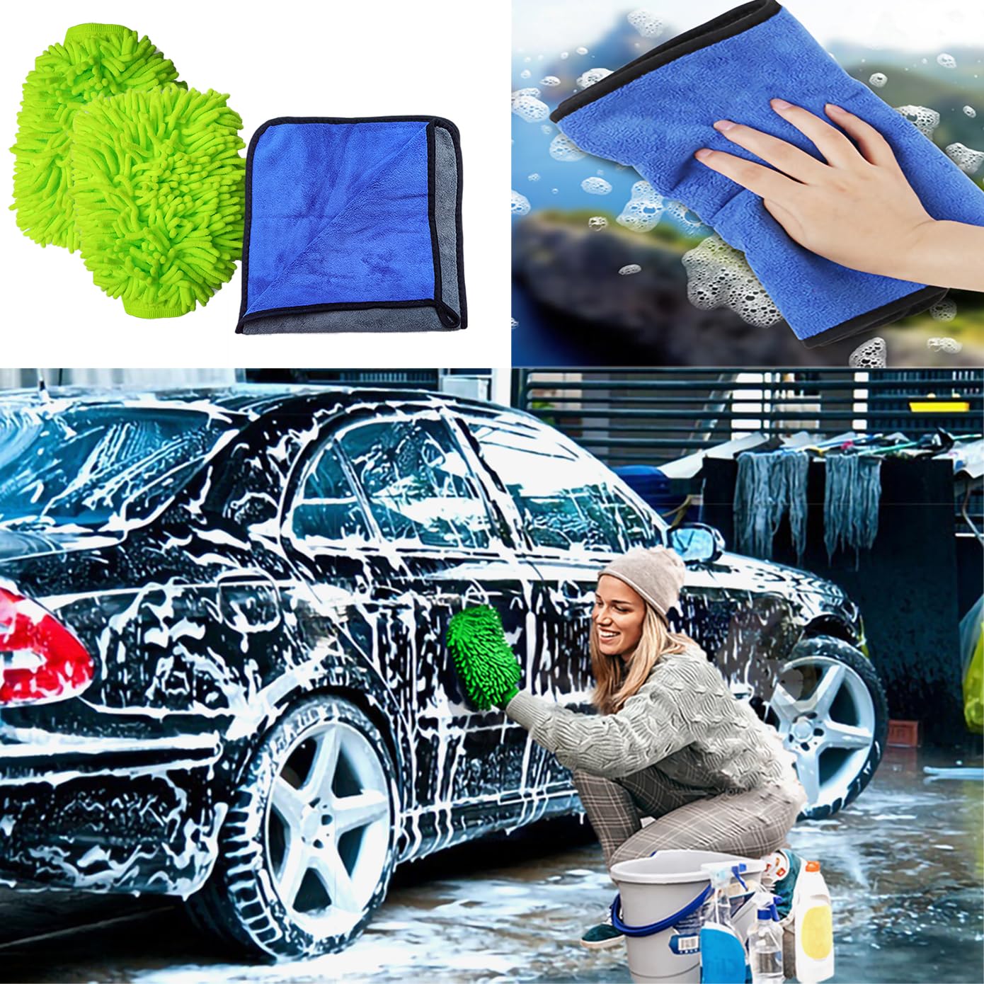 Premium Car Wash Mitt & Microfiber Towels Set - Super Absorbent Chenille Wash Mitt & Detailing Towels for Auto Waxing, Polishing & Car Cleaning (Bright Green/Grey-Blue) - Perfect for Car Detailing, Home Cleaning & DIY Auto Care