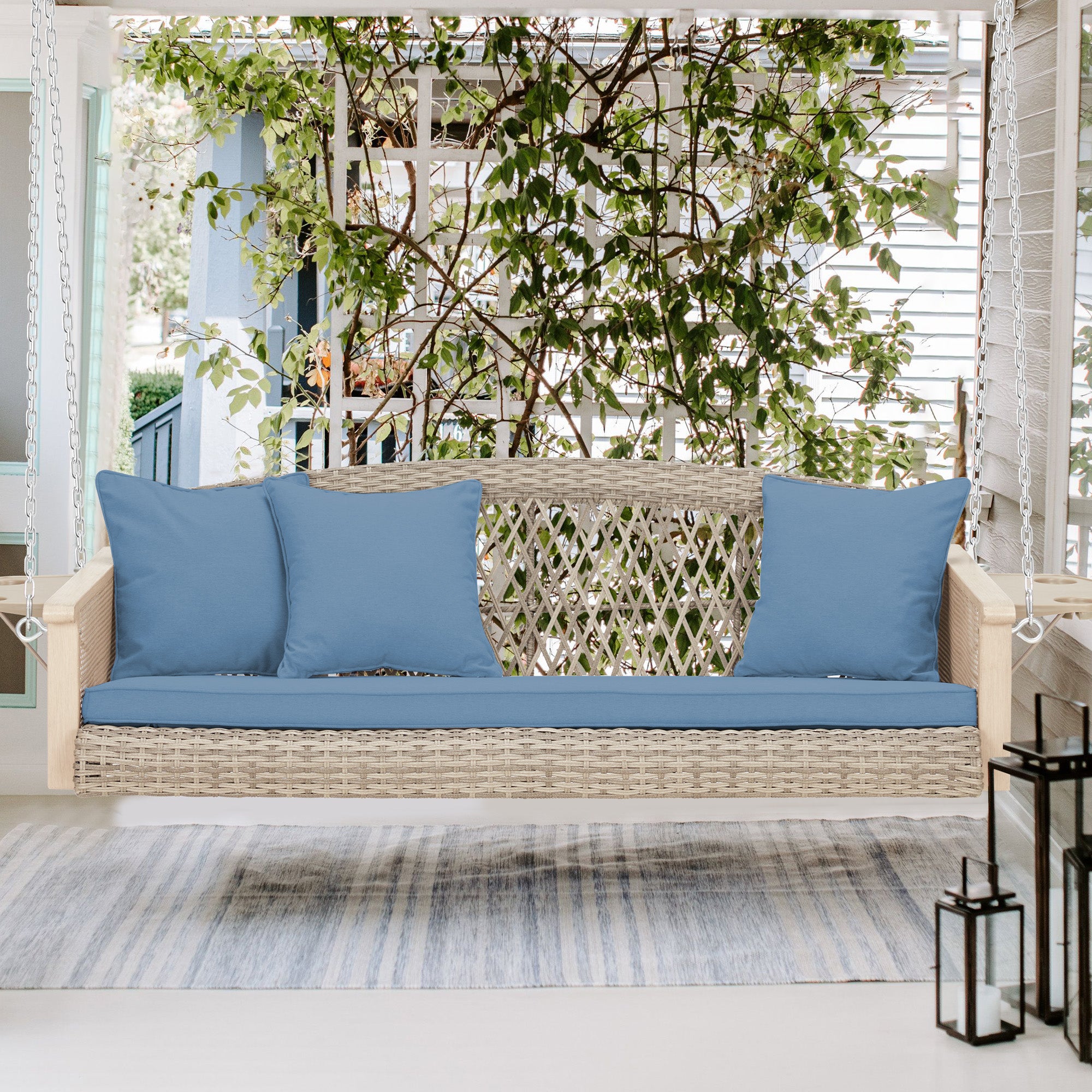 EROMMY 3-Seat Outdoor Porch Swing - Rattan Hanging Bench Lounge Chair for Garden, Patio, Balcony & Backyard - Weather-Resistant Blue Wicker Swing for Relaxing & Lounging