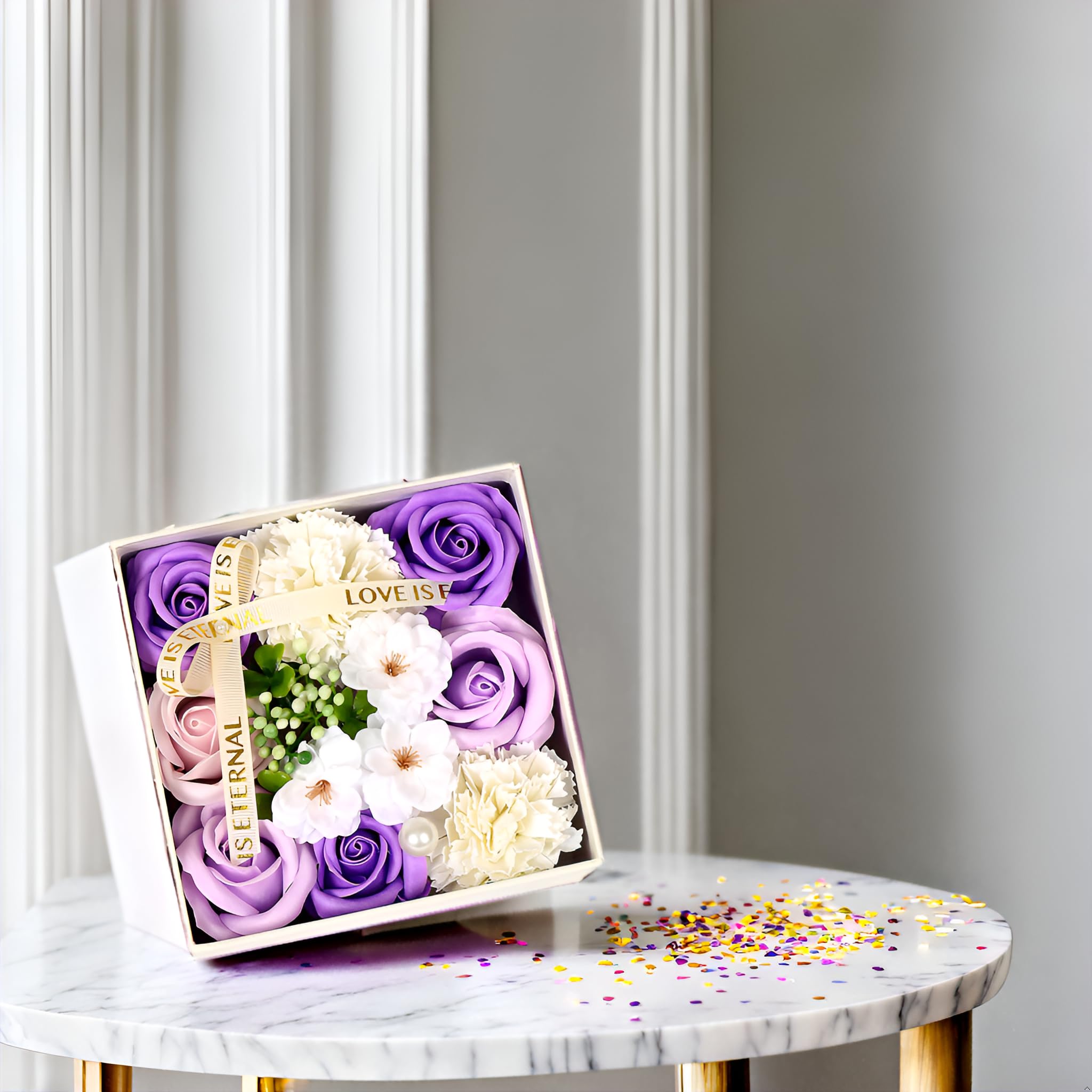 Unique Birthday Gifts for Women - Fresh Flower Gift Box with Surprise Elements | Thoughtful Present for Mom, Wife, Daughter & Girlfriend | Perfect for Anniversaries, Mother's Day & Special Occasions (Purple Square)