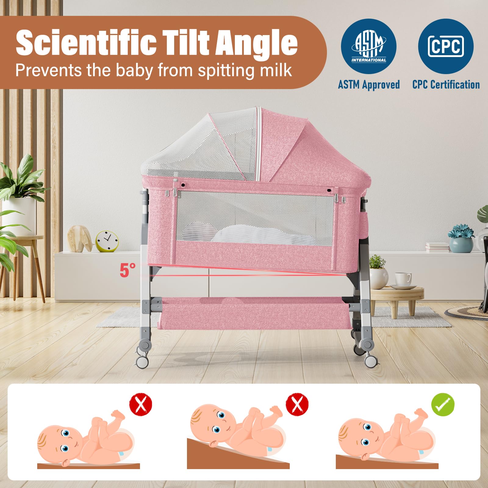4-in-1 Adjustable Baby Bassinet & Bedside Sleeper with Mattress - Portable Folding Crib with Mosquito Net & Storage - Pink Nursery Bed for Newborns - Perfect for Co-Sleeping, Travel & Small Spaces