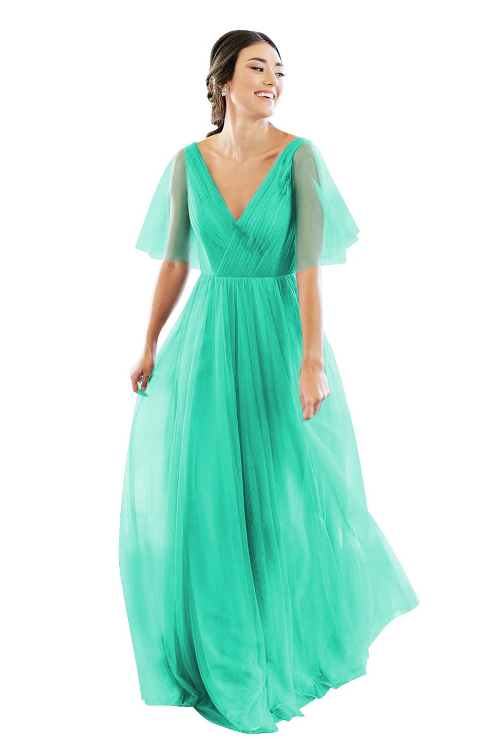 Elegant V-Neck Short Sleeve Tulle Bridesmaid Dress for Women - Backless Long Formal Gown for Wedding, Prom & Special Occasions