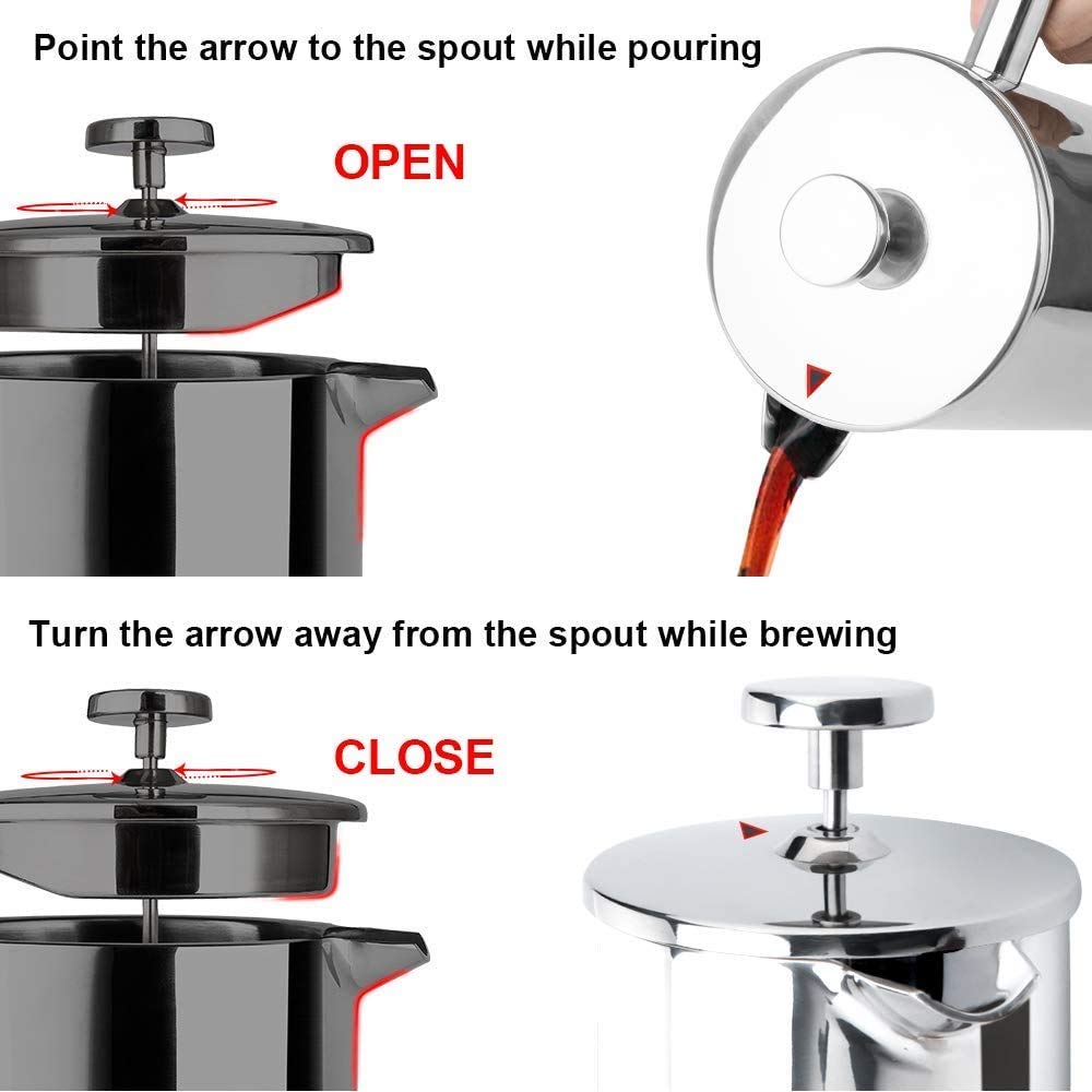 Secura 34oz (1 Liter) Stainless Steel French Press Coffee Maker - 304 Grade Insulated Coffee Press with 2 Extra Filters, Silver - Perfect for Home, Office & Camping Brewing