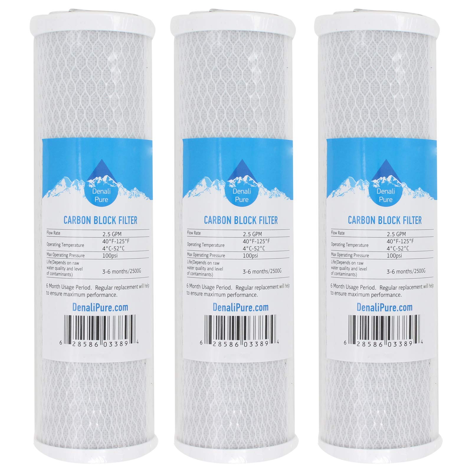 3-Pack Isopure CT-DBL2 Replacement Activated Carbon Block Filters - Universal 10 Inch Water Filter Compatible with Isopure CT-DBL2 Double Stage Countertop Filtration System - Denali Pure Brand - Perfect for Home, Office & RV Water Purification