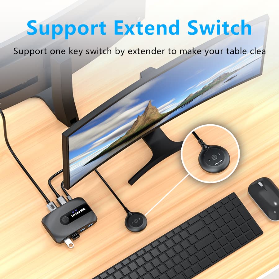 USB 3.0 KVM Switch Selector - 2 Port 4 Device Sharing Hub for Mouse, Keyboard, Printer & Scanner - One-Button Swapping Adapter for Home Office & Gaming Setup