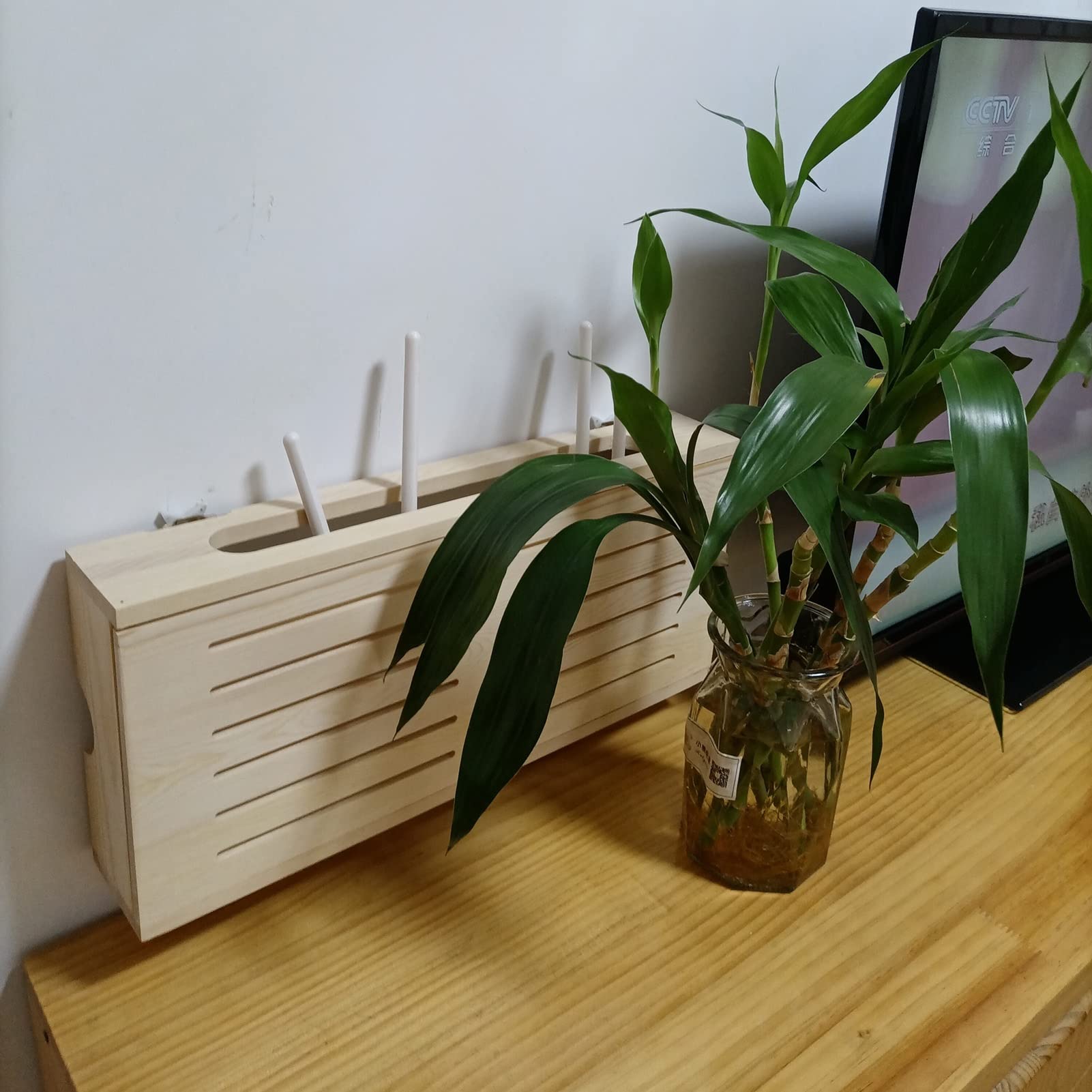 Wooden WiFi Router Storage Box - Wall Mount Network Set-Top Box Organizer with Shelf, 49x22x8cm - Perfect for Home, Bedroom & Office to Hide Cables & Organize Wireless Routers, Modems & Electronics (Natural Wood Color)