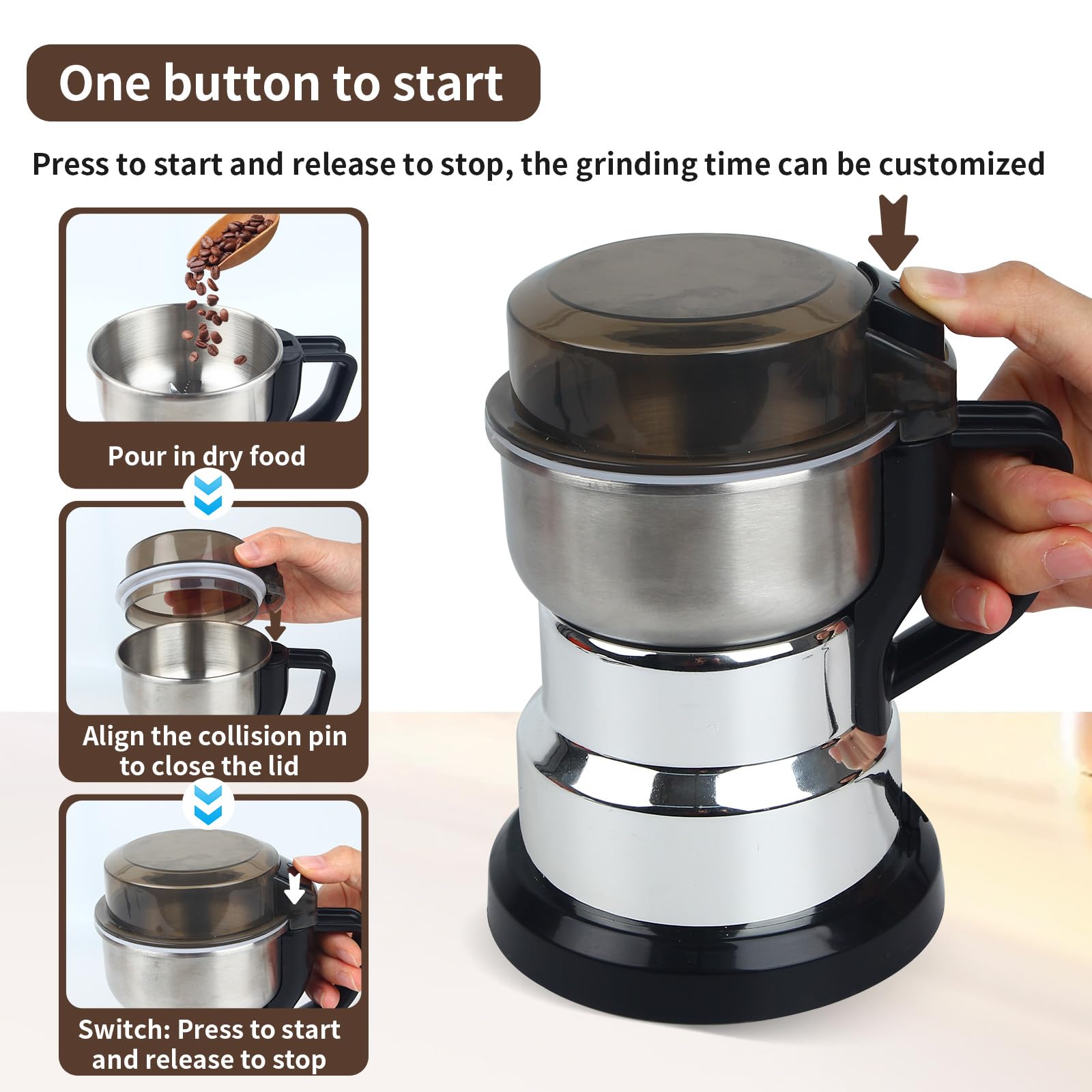 Premium Electric Coffee Grinder 150-300W - Stainless Steel Spice & Nut Grinder with One-Touch Operation - Perfect for Coffee Beans, Herbs, Spices & Nuts - Includes Cleaning Brush & Measuring Spoon - Ideal for Home Kitchens & Coffee Shops
