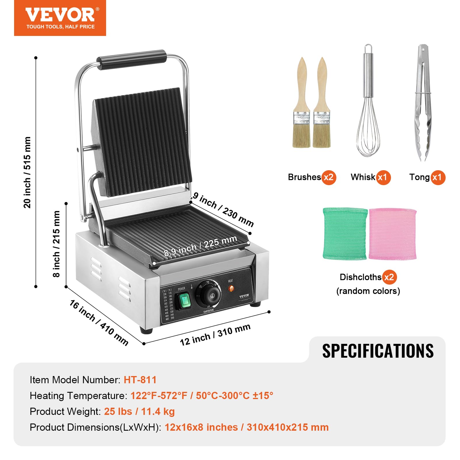 VEVOR 1800W Commercial Panini Grill Press - Electric Sandwich Maker with Stainless Steel Body, Temperature Control & 9