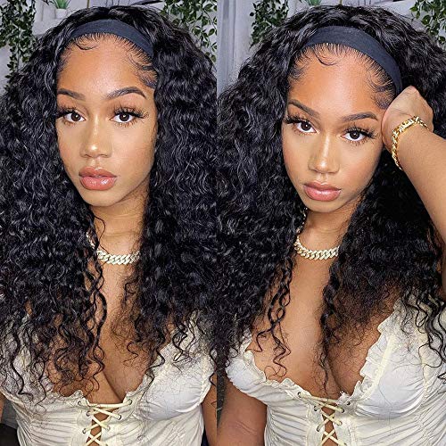 Deep Wave Headband Wig for Women - 150% Density Virgin Human Hair, No Lace Front, Glueless & Easy to Wear | Perfect for Daily Use, Parties & Cosplay (Machine Made Wet Curly Wave Wigs)