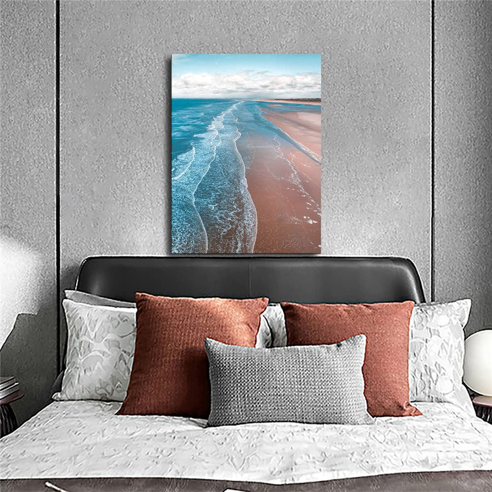 Blue Sea Sunset Beach Painting on Canvas - Framed Wall Art Decor (24x36 inch/60x90 cm) for Living Room, Bedroom & Office | Coastal Seascape Mural Prints
