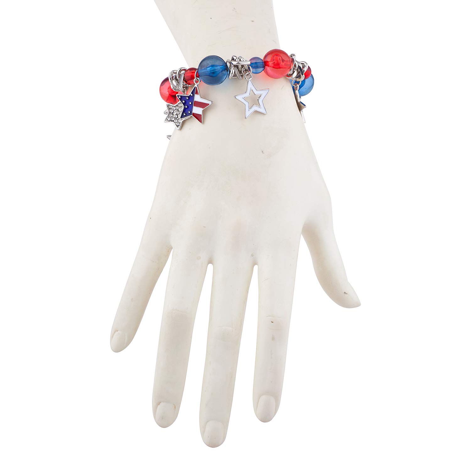 Red White & Blue Beaded American Flag Bracelet - Patriotic Stretch Bracelet with Stars for 4th of July, Memorial Day & Independence Day Celebrations