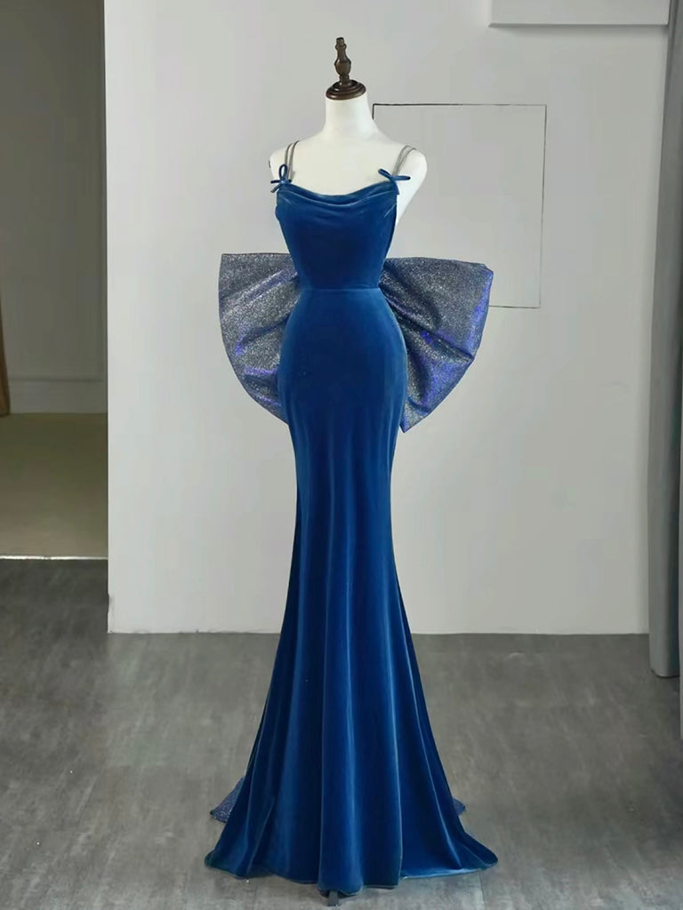 Elegant Velvet Blue Mermaid Prom Dress - Backless Long Evening Gown for Formal Events, Homecoming, and Special Occasions