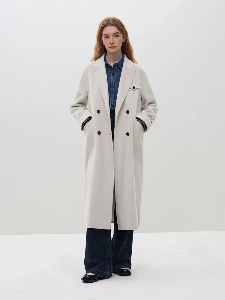 Women's Winter Double Sided 100% Wool Long Coat - Commuter Style Solid Color Warm Trench Coat for Office, Travel & Cold Weather